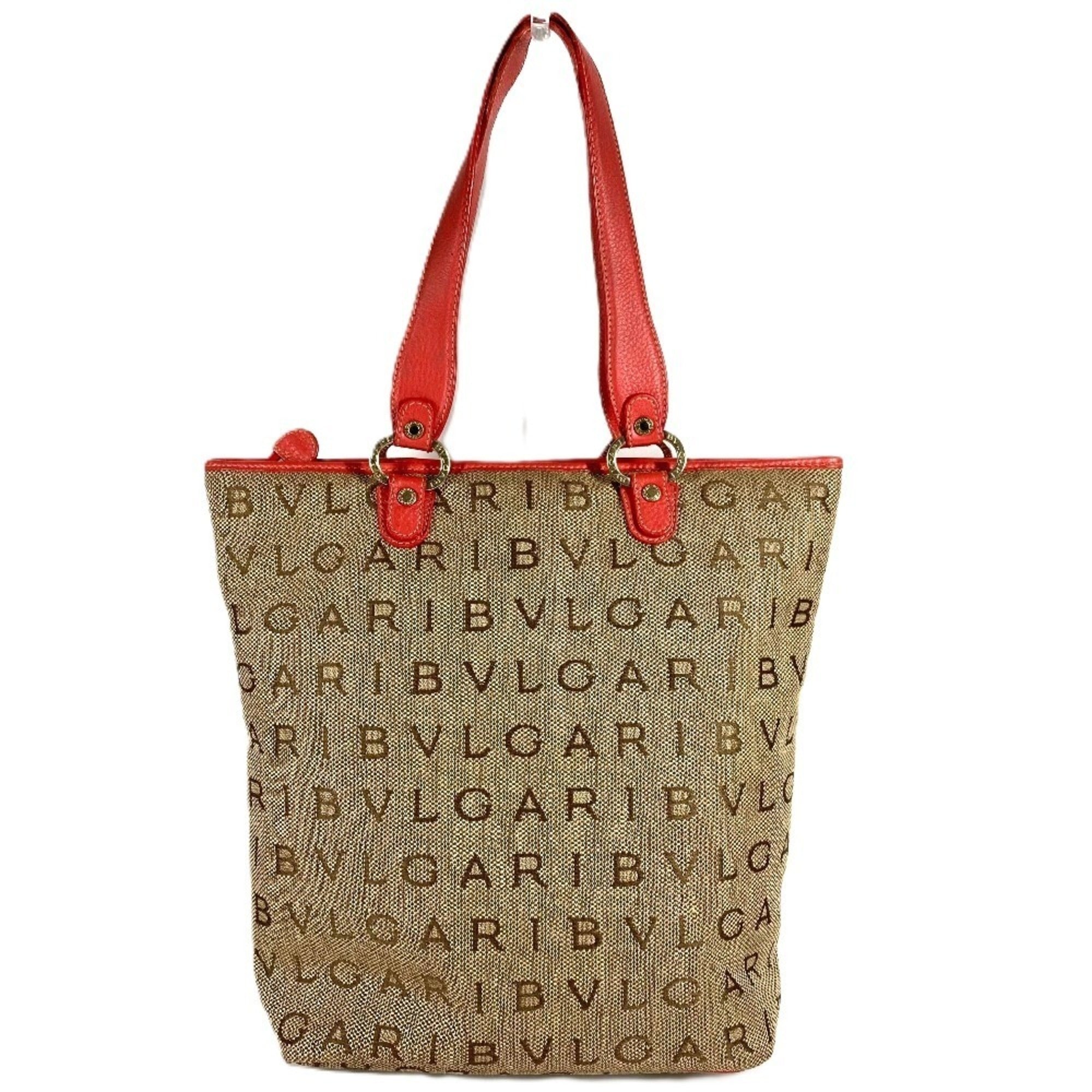 Bvlgari Beige Leather Canvas Shoulder Bag Tote Bag (Pre-Owned)
