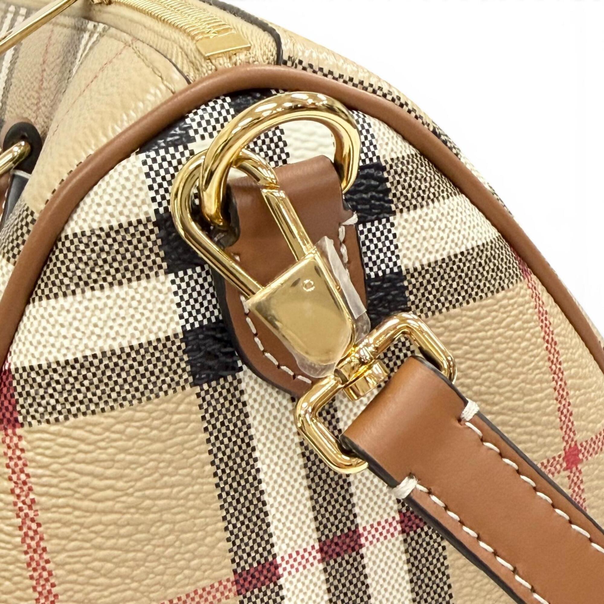 Burberry Beige Brown Leather Cotton Elastane Polyester Boston Bag Shoulder Bag (Pre-Owned)