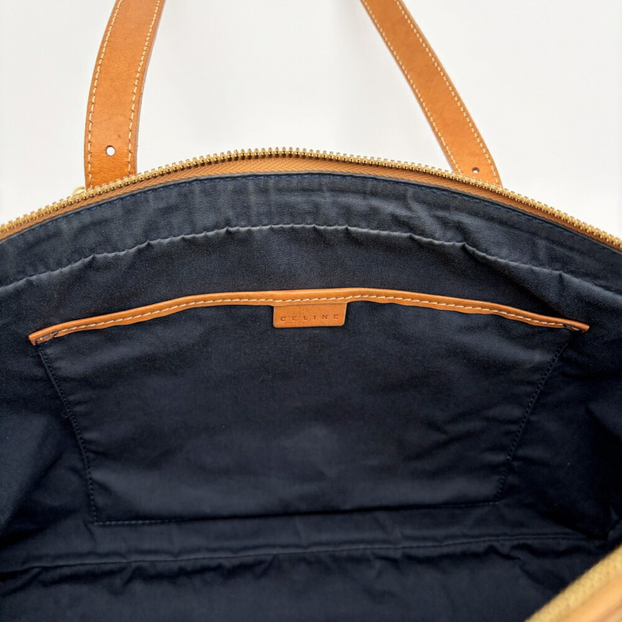 Celine Macadam Brown Navy Suede Leather Boston Bag (Pre-Owned)