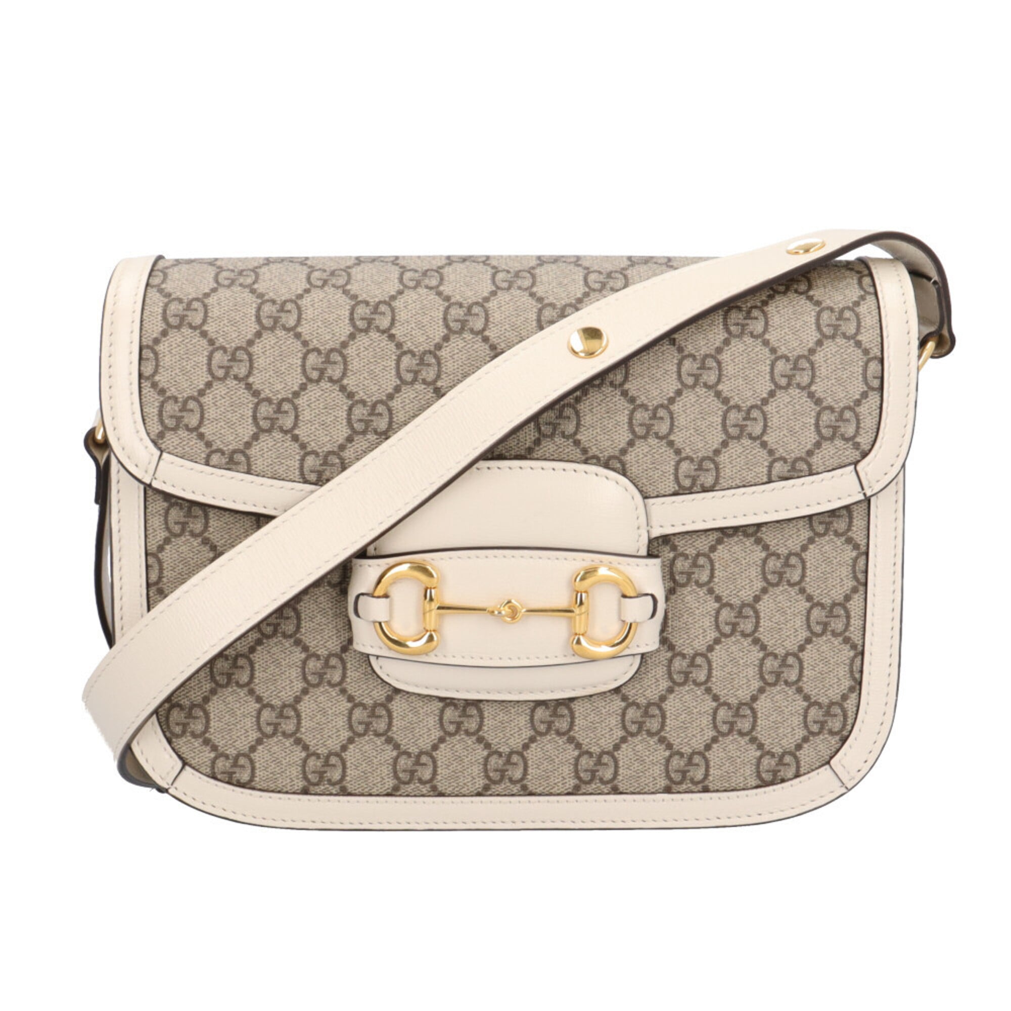 Gucci Horsebit Beige White Gg Supreme Canvas Leather Shoulder Bag (Pre-Owned)