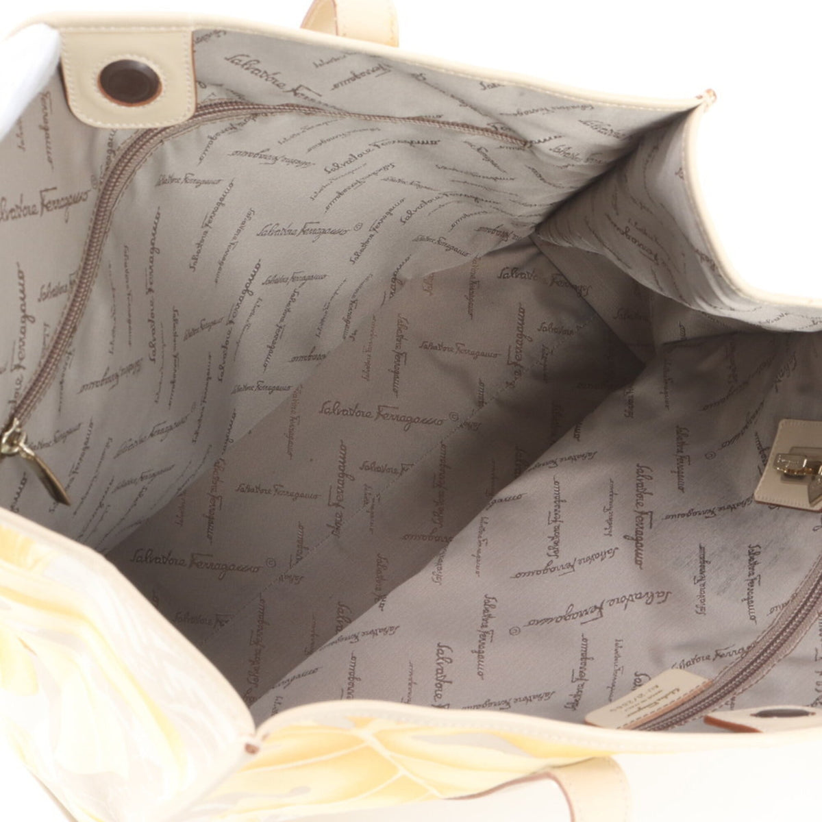 Salvatore Ferragamo Beige Yellow Leather Canvas Shoulder Bag Tote Bag (Pre-Owned)
