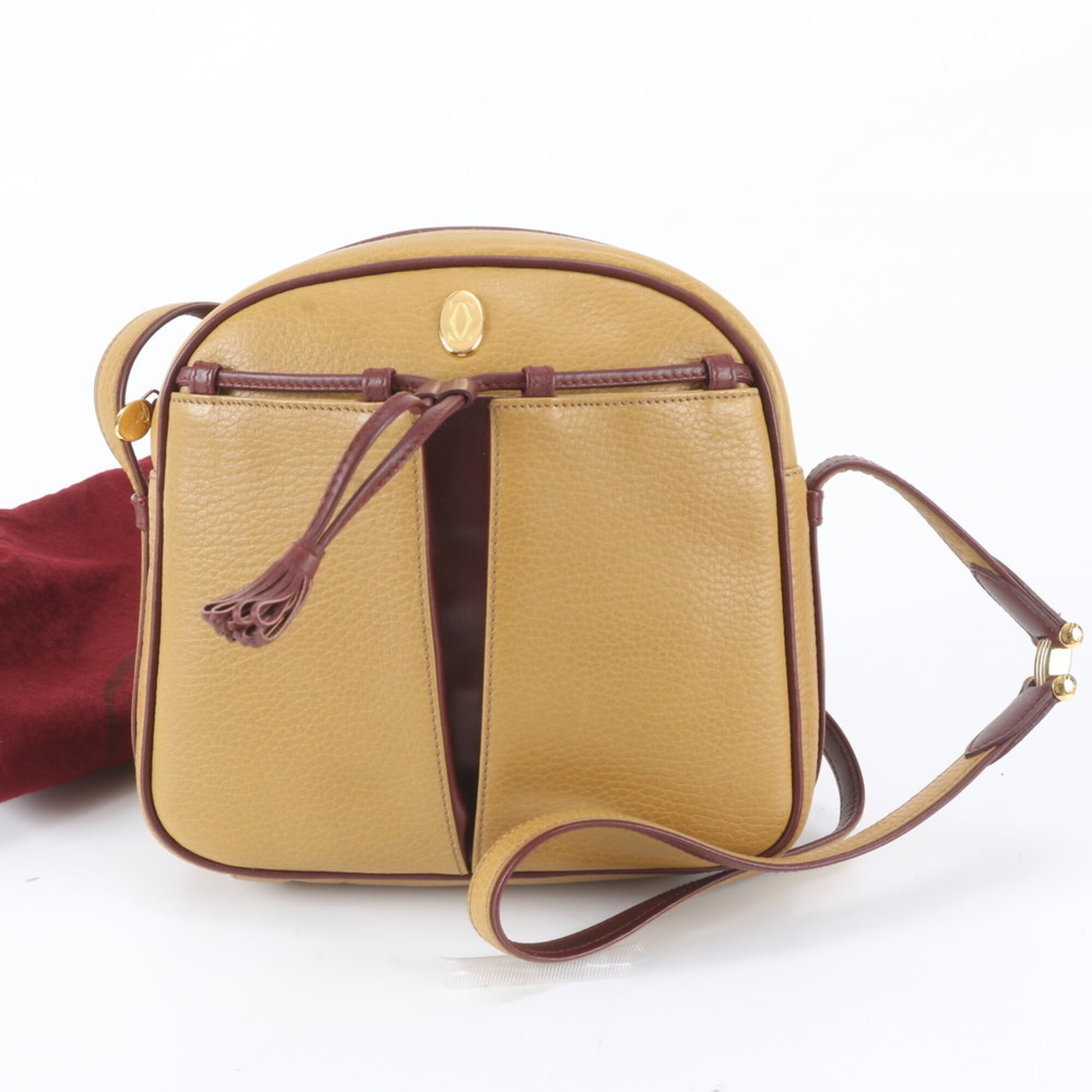 Cartier Beige Wine Red Leather Crossbody Bag Handbag Shoulder Bag Tote Bag (Pre-Owned)