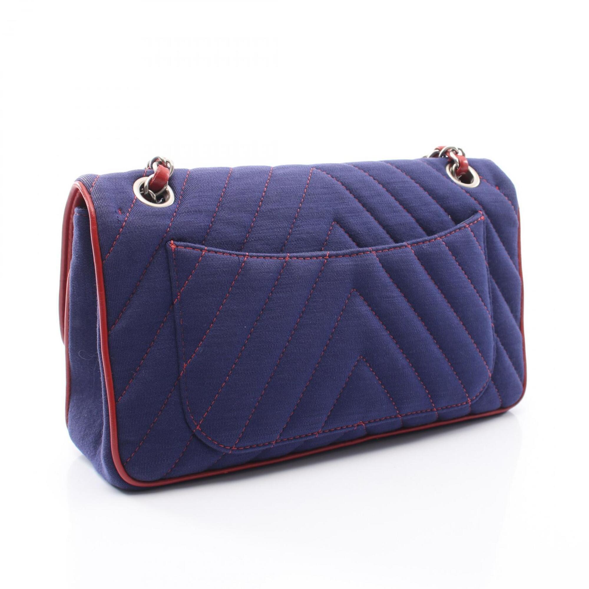 Chanel Navy Red Color Leather Fabric Handbag Shoulder Bag (Pre-Owned)