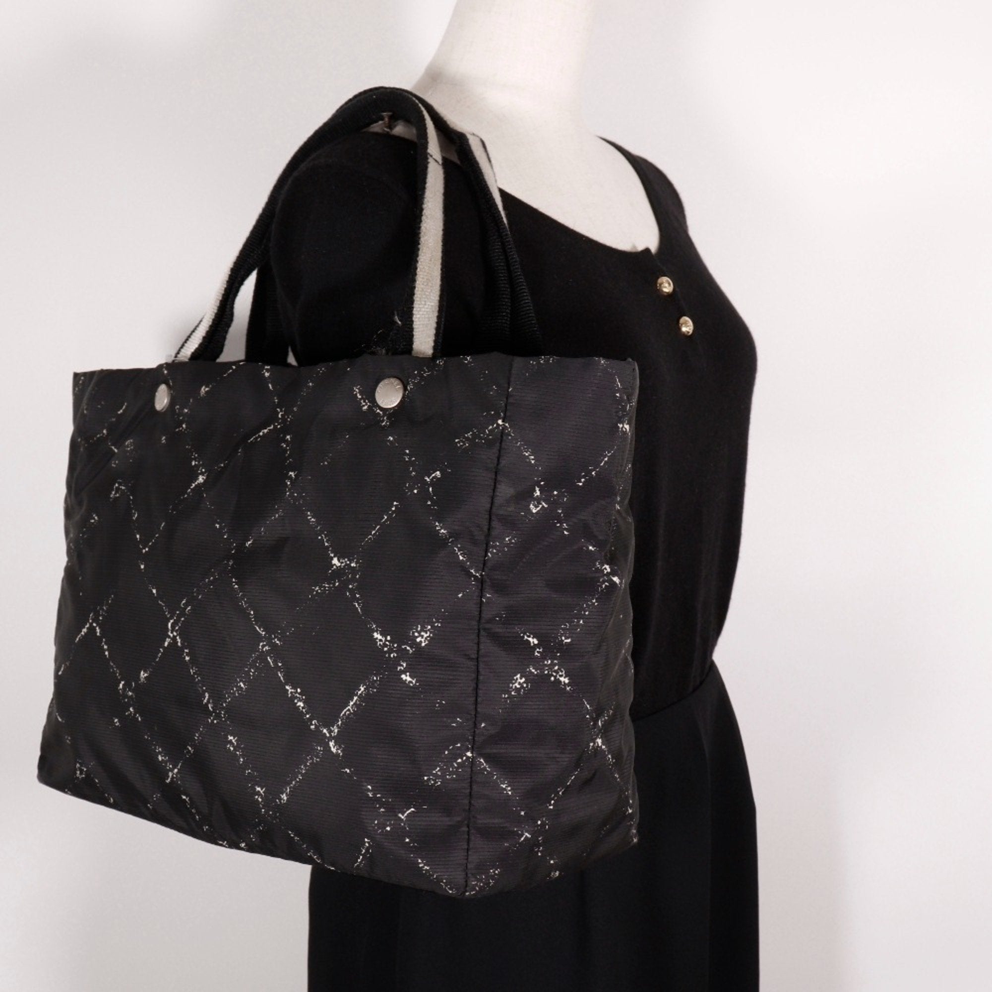 Chanel Travel Line Black Nylon Canvas Tote Bag Weekend Bag (Pre-Owned)