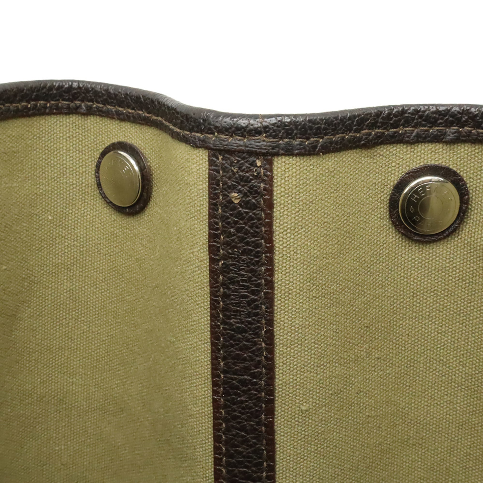 Hermes Garden Dark Brown Khaki Canvas Leather Handbag Tote Bag (Pre-Owned)