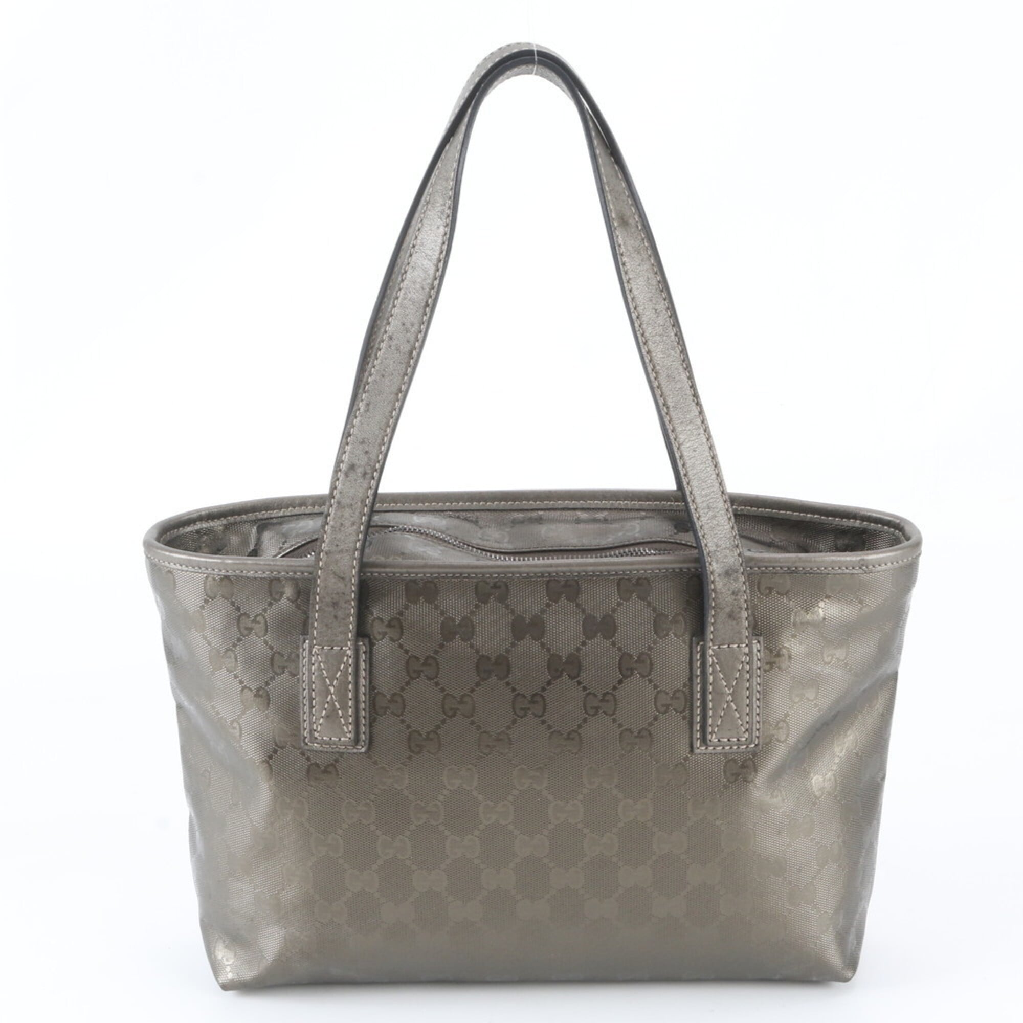 Gucci Gg Imprimé Green Khaki Metallic Leather Coated Canvas Handbag Tote Bag (Pre-Owned)