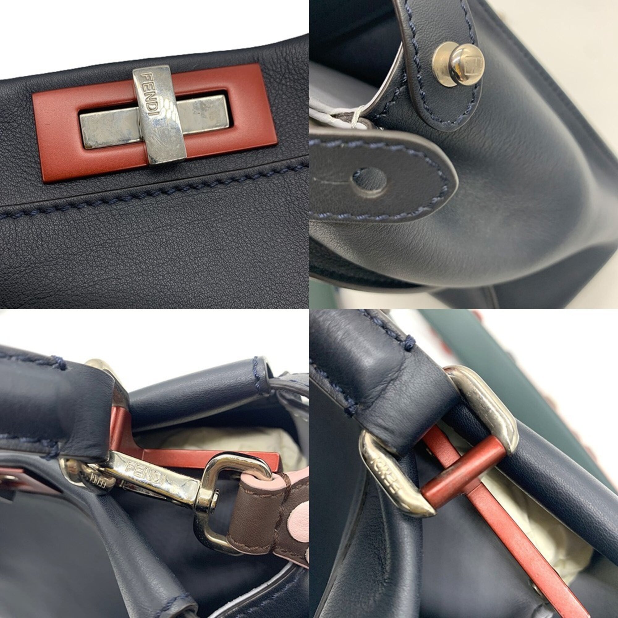 Fendi Peekaboo Dark Navy Red Color Leather Handbag Shoulder Bag (Pre-Owned)