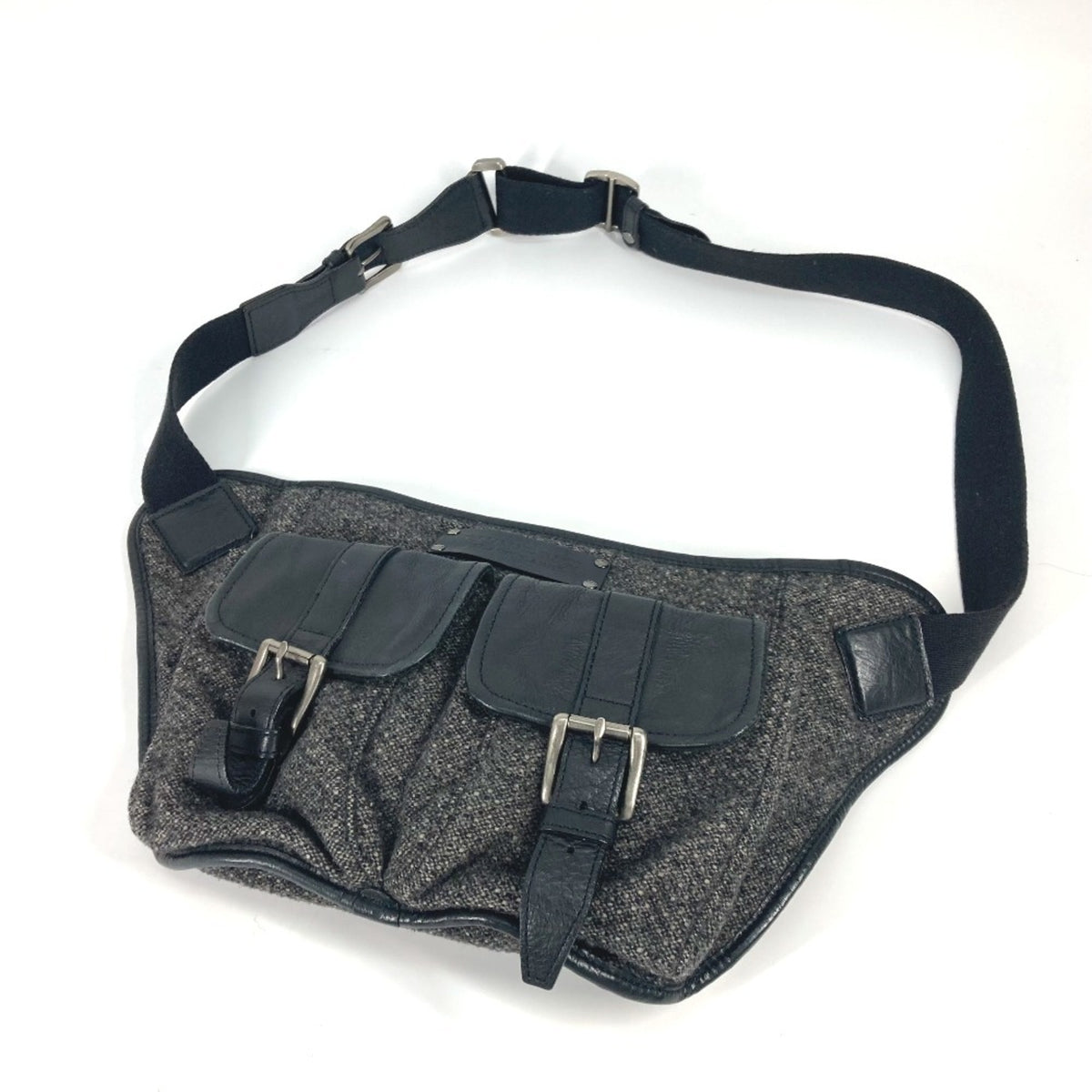 Burberry Black Label Black Gray Wool Leather Fanny Pack Shoulder Bag Sling Bag (Pre-Owned)