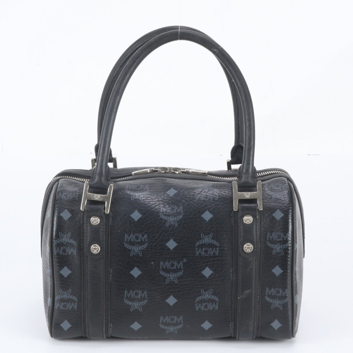 Mcm Black Gray Leather Coated Canvas Boston Bag Handbag Tote Bag (Pre-Owned)