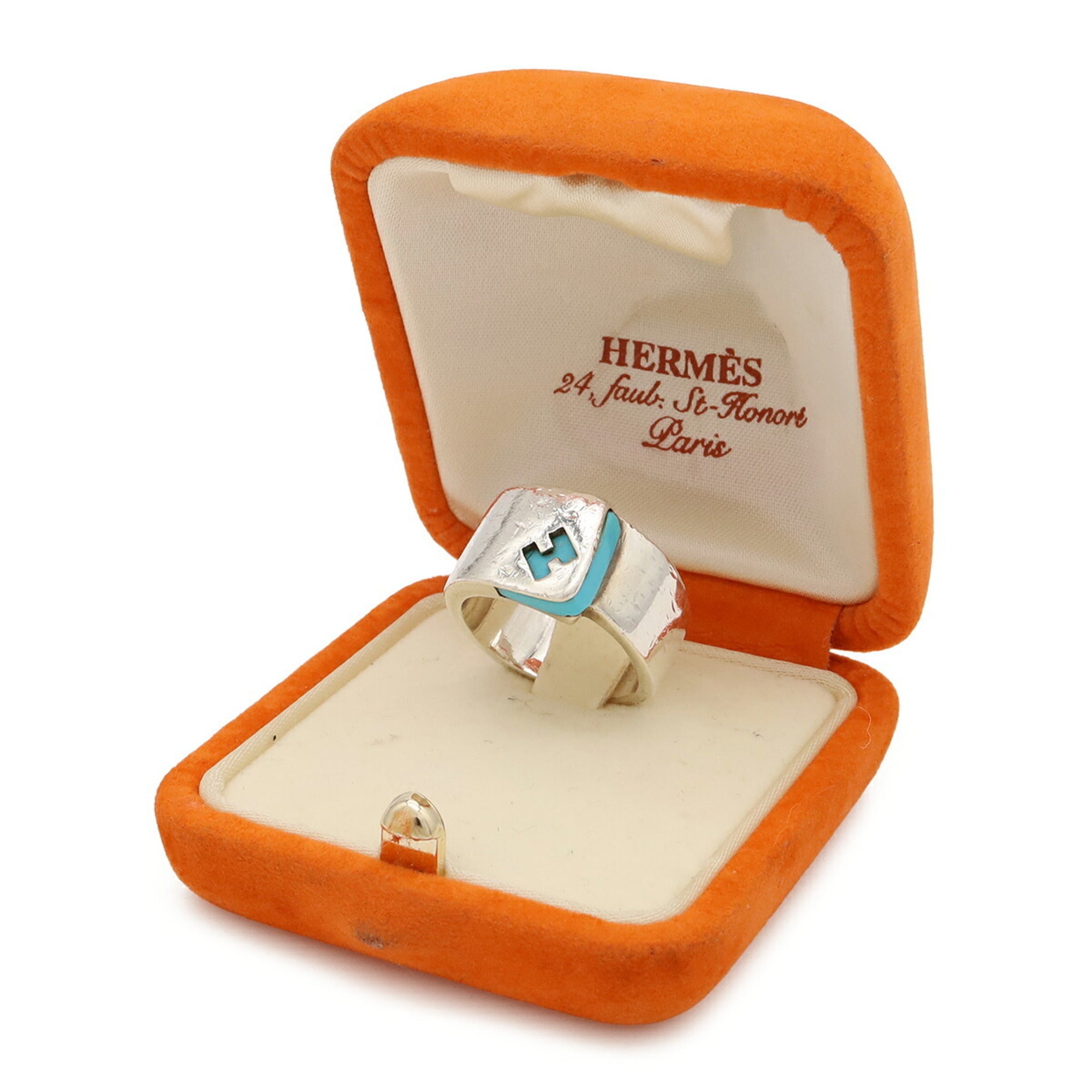 Hermes Silver Blue Silver 925 Band Ring (Pre-Owned)