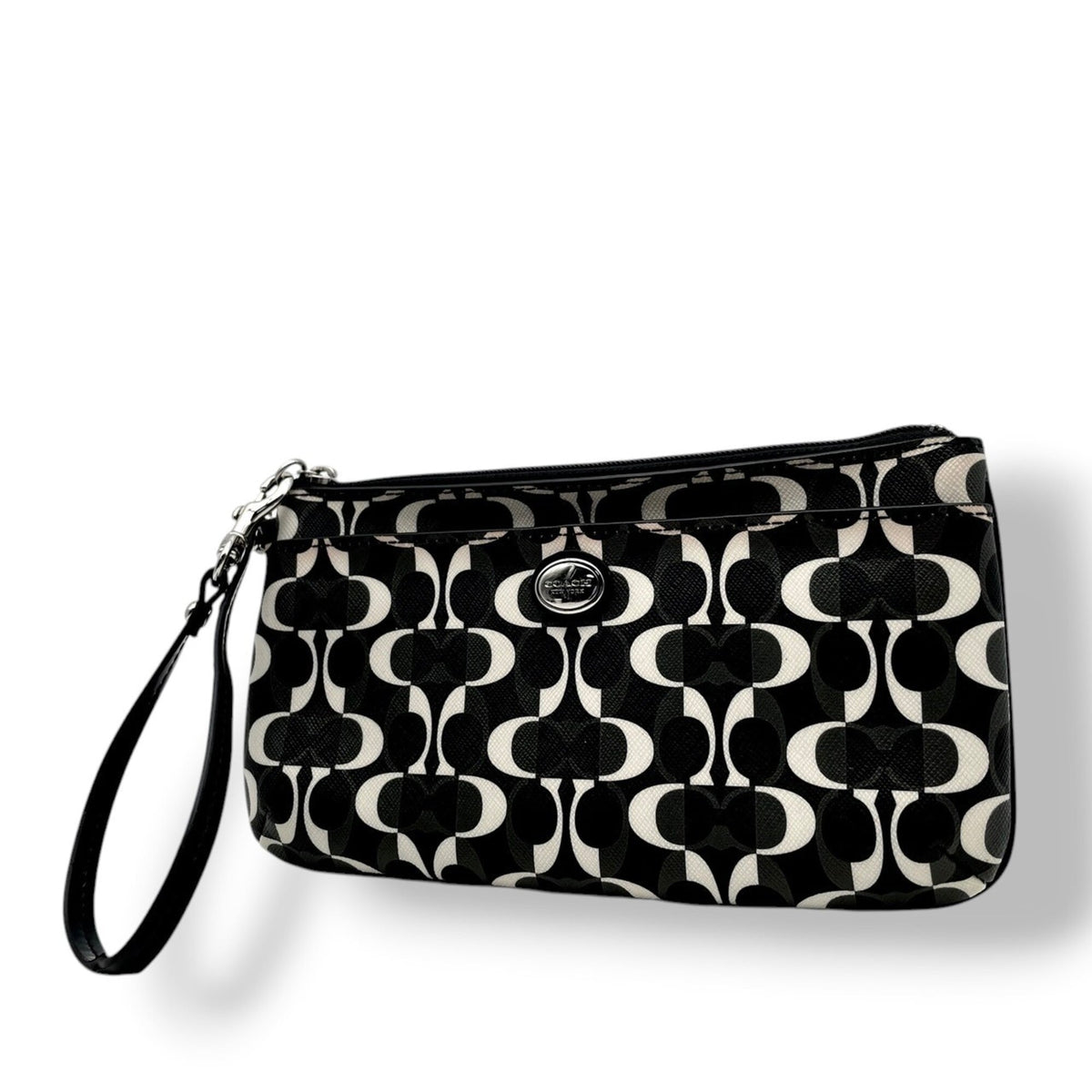 Coach Black Gray White Coated Canvas Leather Clutch Bag Pouch (Pre-Owned)