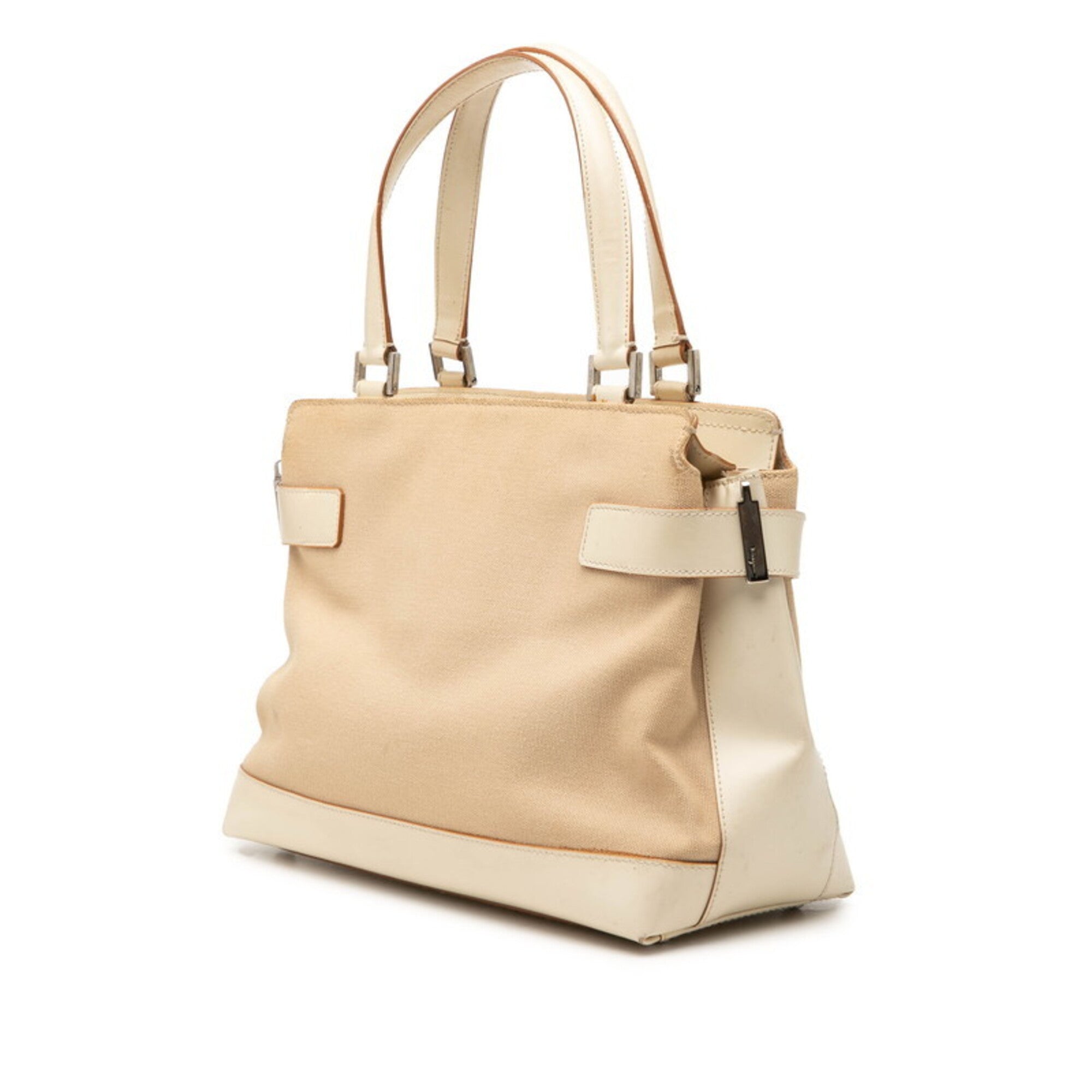 Salvatore Ferragamo Gancini Beige Cream Canvas Leather Handbag (Pre-Owned)