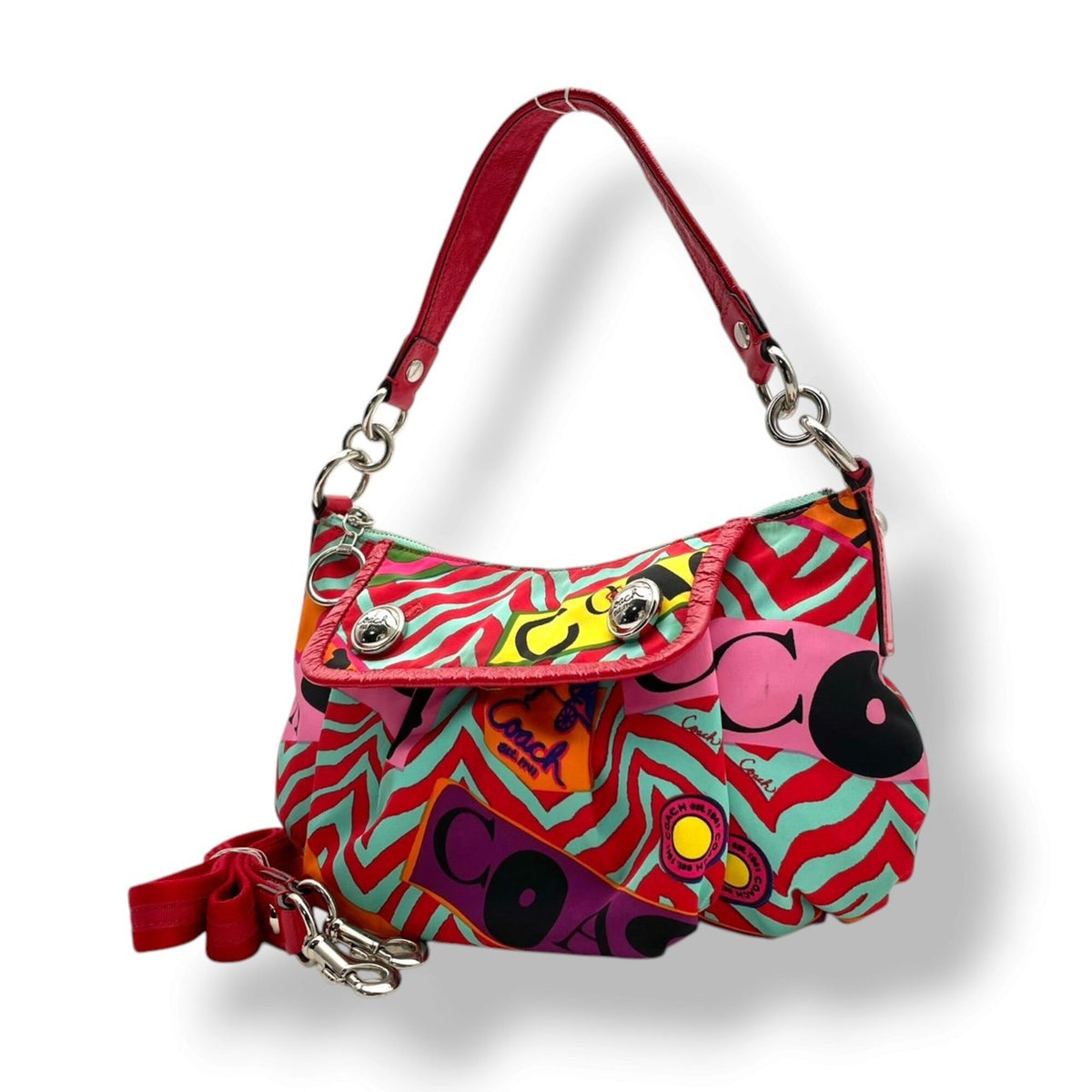 Coach Multi-Color Red Color Nylon Leather Shoulder Bag (Pre-Owned)