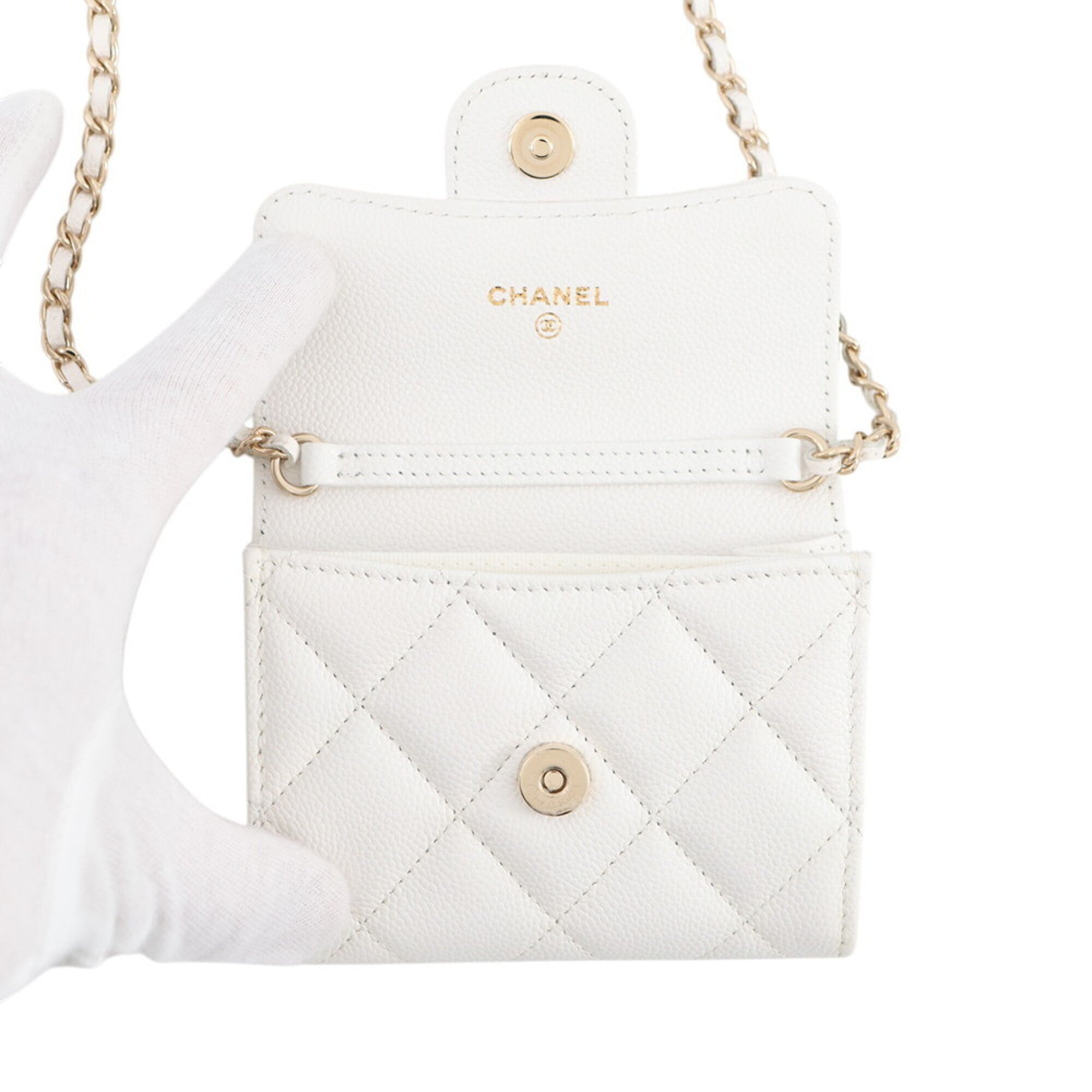 Chanel Champagne Gold White Grained Calfskin Chain/Shoulder Wallet (Pre-Owned)