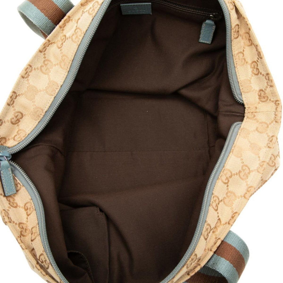 Gucci Beige Blue Canvas Leather Shoulder Bag Tote Bag (Pre-Owned)