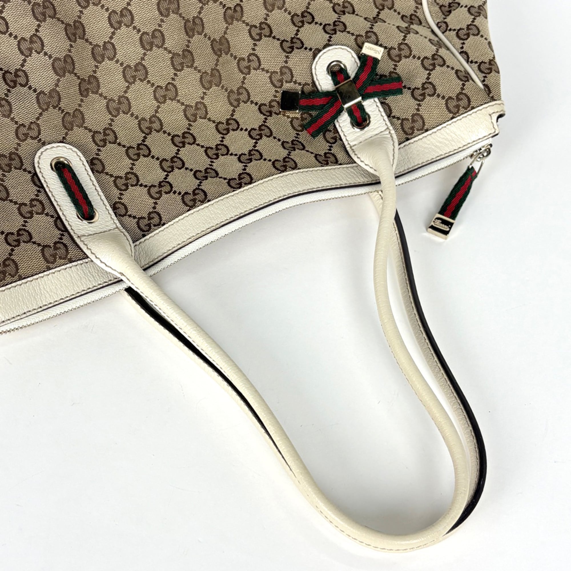 Gucci Gg Canvas Beige White Gg Canvas Leather Tote Bag (Pre-Owned)