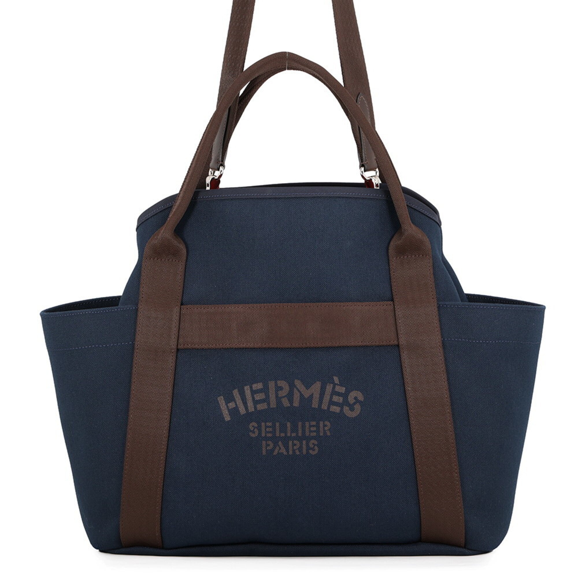 Hermes Kara Feu Navy Toile Chevron Canvas Handbag (Pre-Owned)