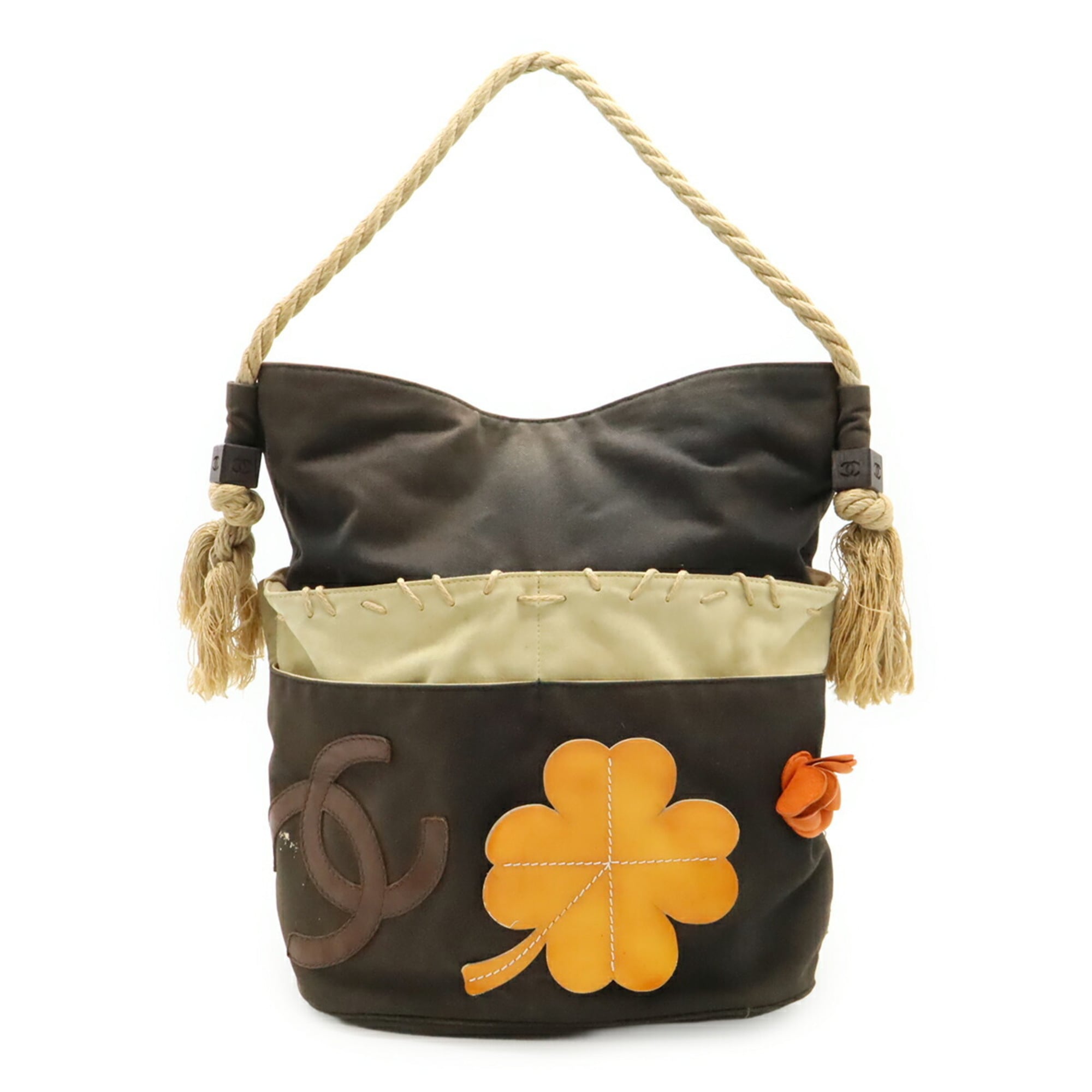 Chanel Beige Black Canvas Leather Wood Handbag Tote Bag (Pre-Owned)