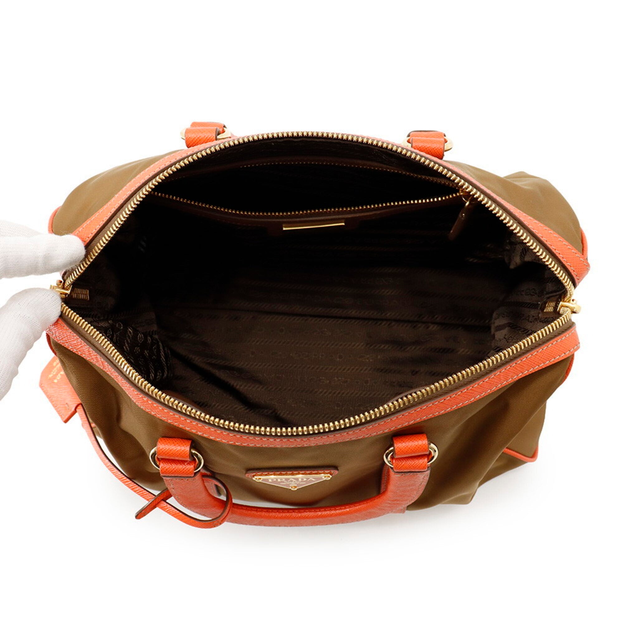 Prada Khaki Orange Nylon Leather Handbag Shoulder Bag (Pre-Owned)