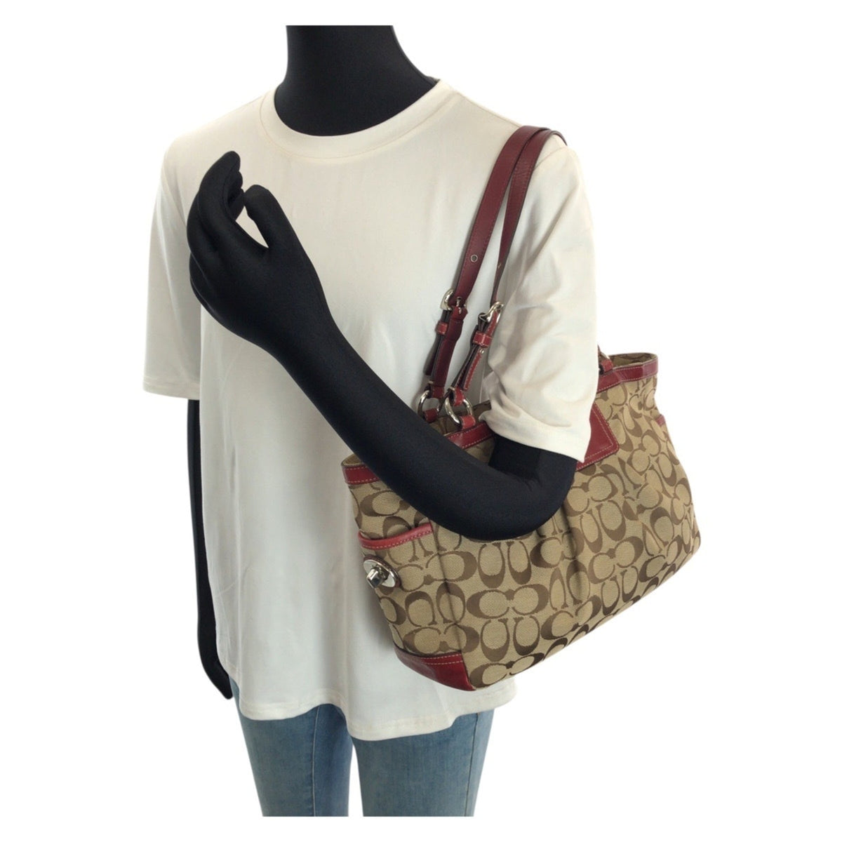 Coach Beige Red Color Canvas Leather Shoulder Bag Tote Bag (Pre-Owned)