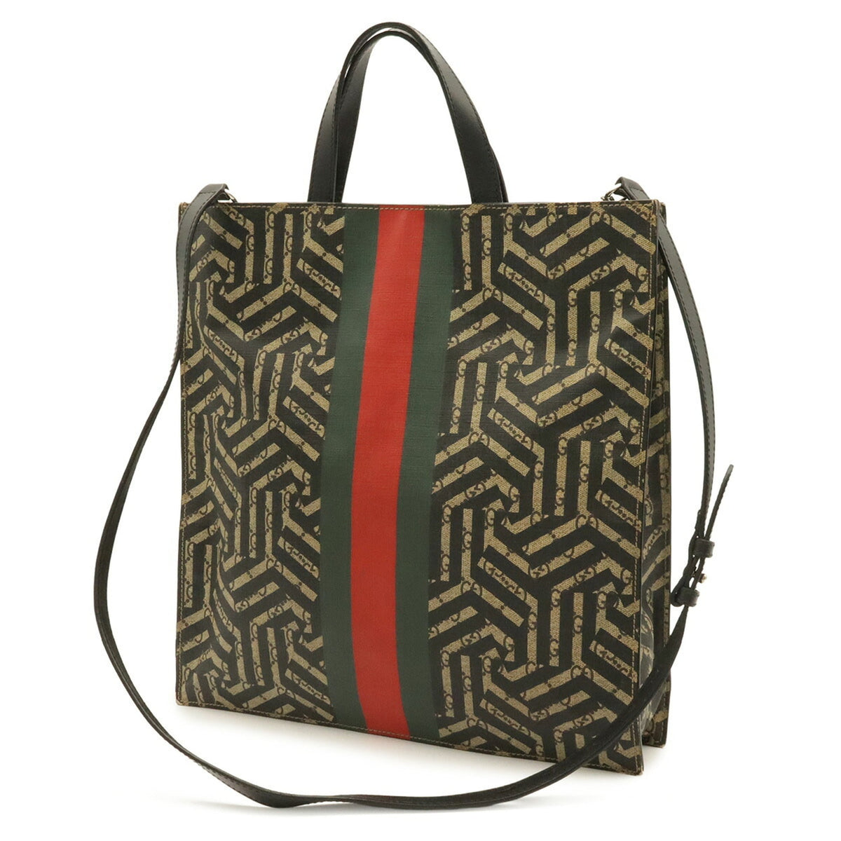 Gucci Beige Black Green Khaki Red Color Gg Supreme Canvas Pvc Coated Canvas Leather Shoulder Bag Tote Bag (Pre-Owned)