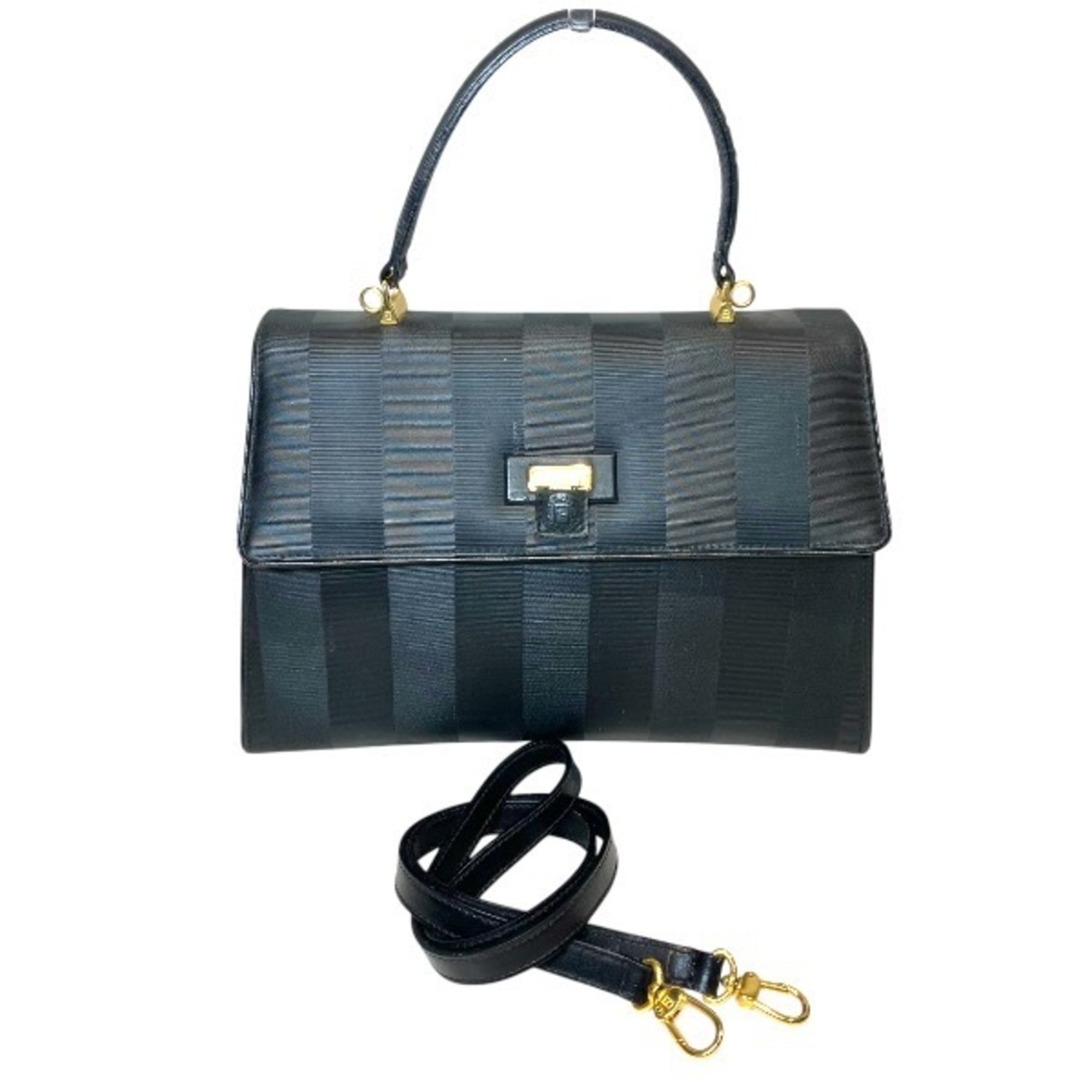 Fendi Pequin Black Pvc Leather Handbag Shoulder Bag (Pre-Owned)