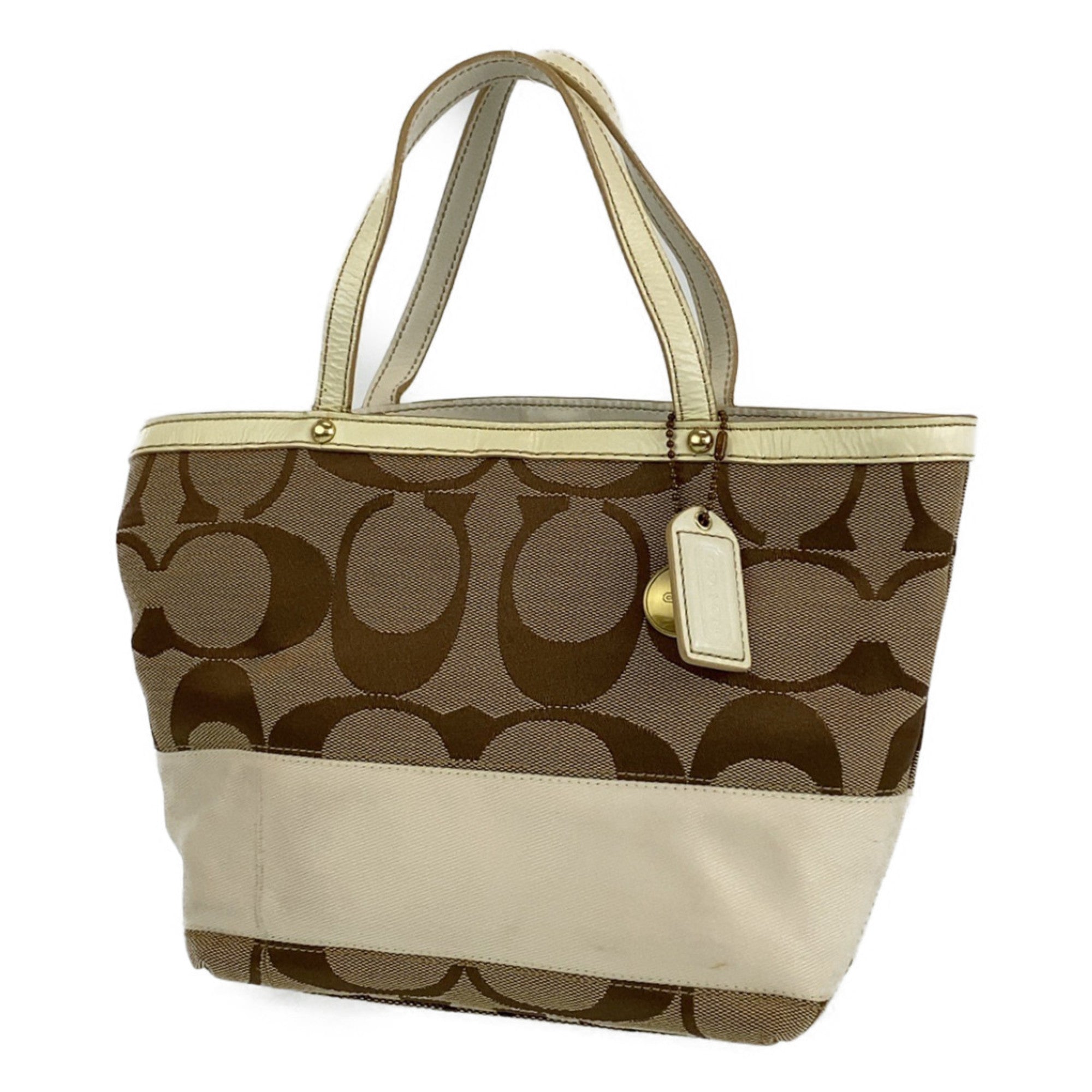 Coach Beige White Leather Canvas Handbag Tote Bag (Pre-Owned)