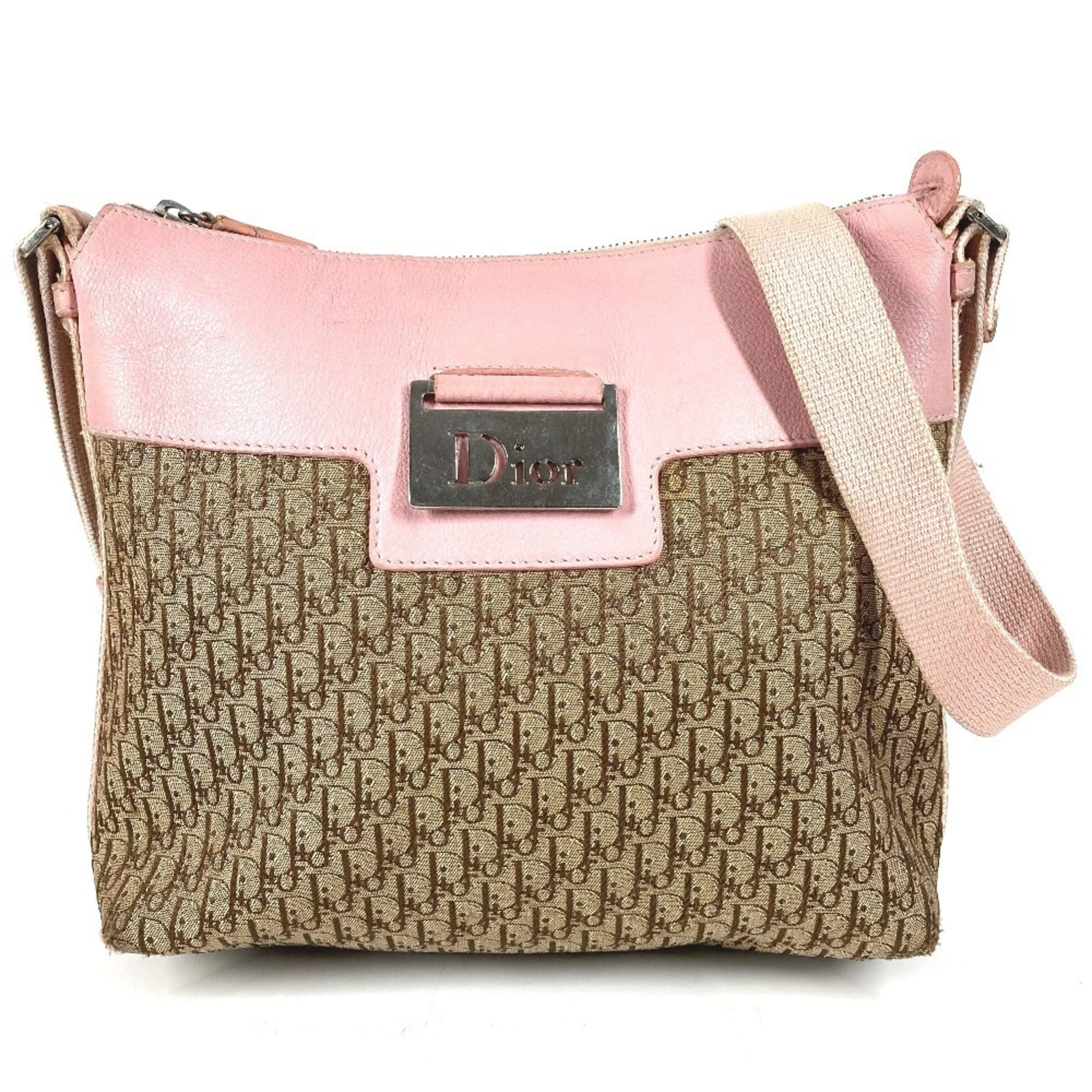 Christian Dior Trotter Beige Pink Leather Canvas Shoulder Bag (Pre-Owned)