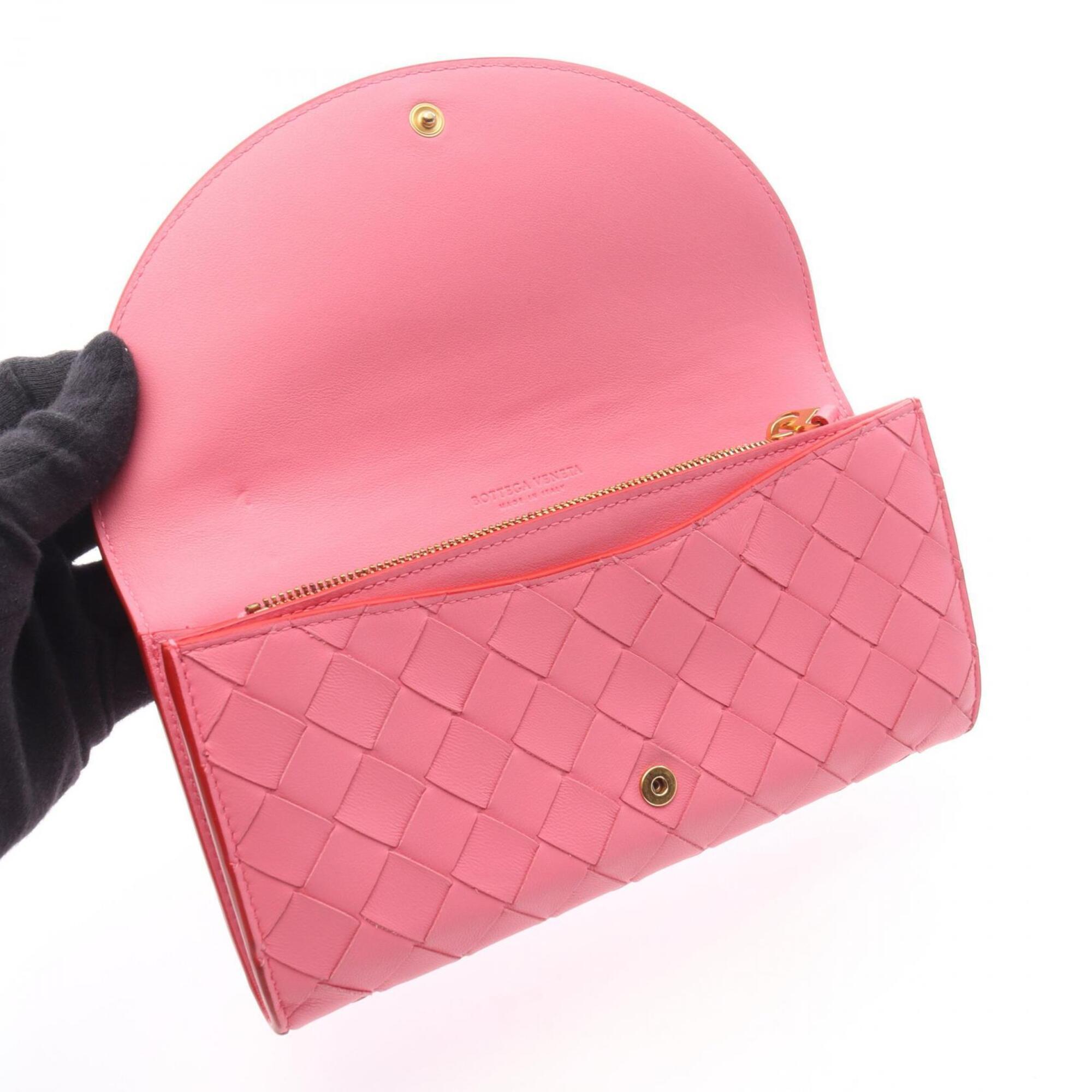 Bottega Veneta Intrecciato Pink Red Color Leather Long Wallet (Bi-Fold) (Pre-Owned)