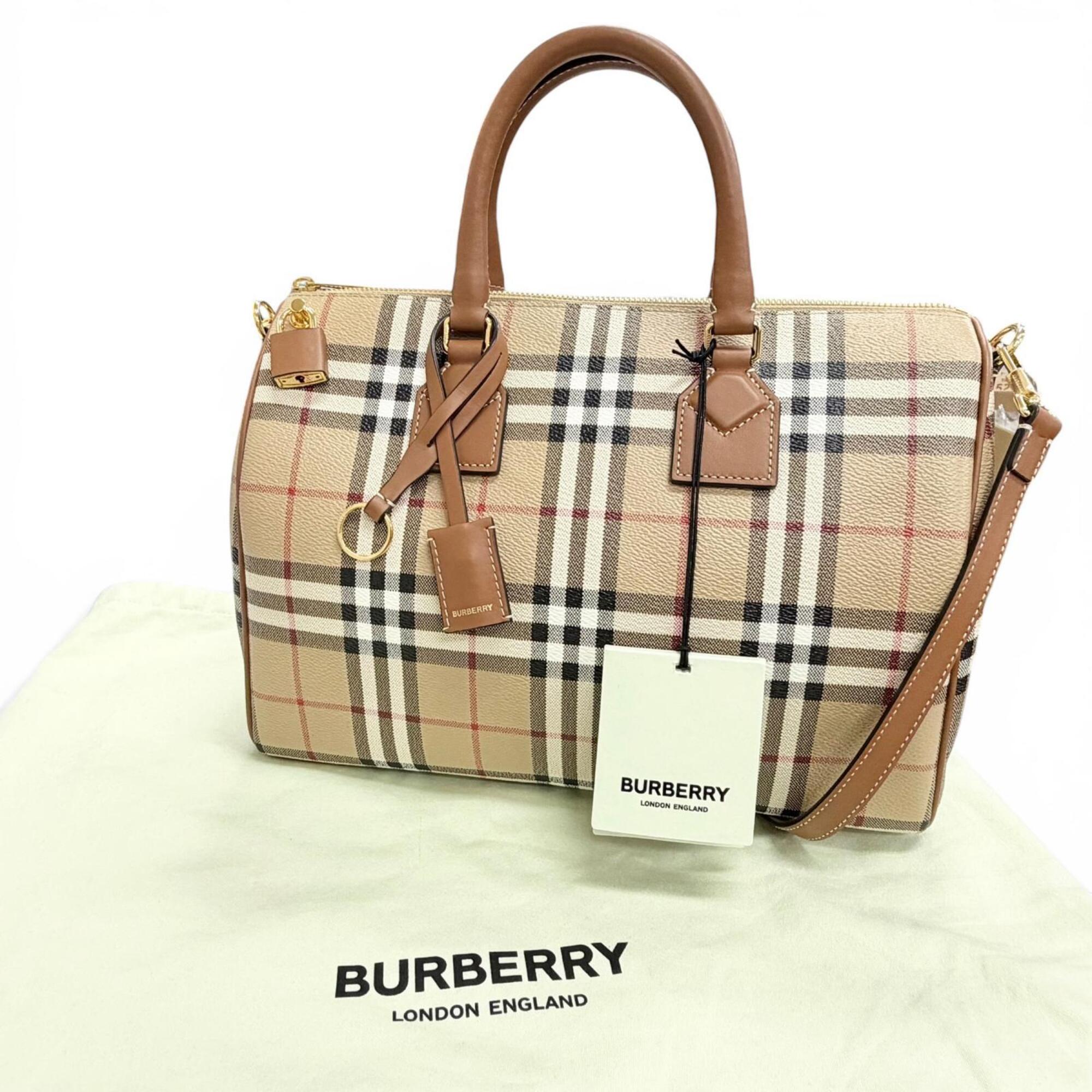 Burberry Beige Brown Leather Cotton Elastane Polyester Boston Bag Shoulder Bag (Pre-Owned)