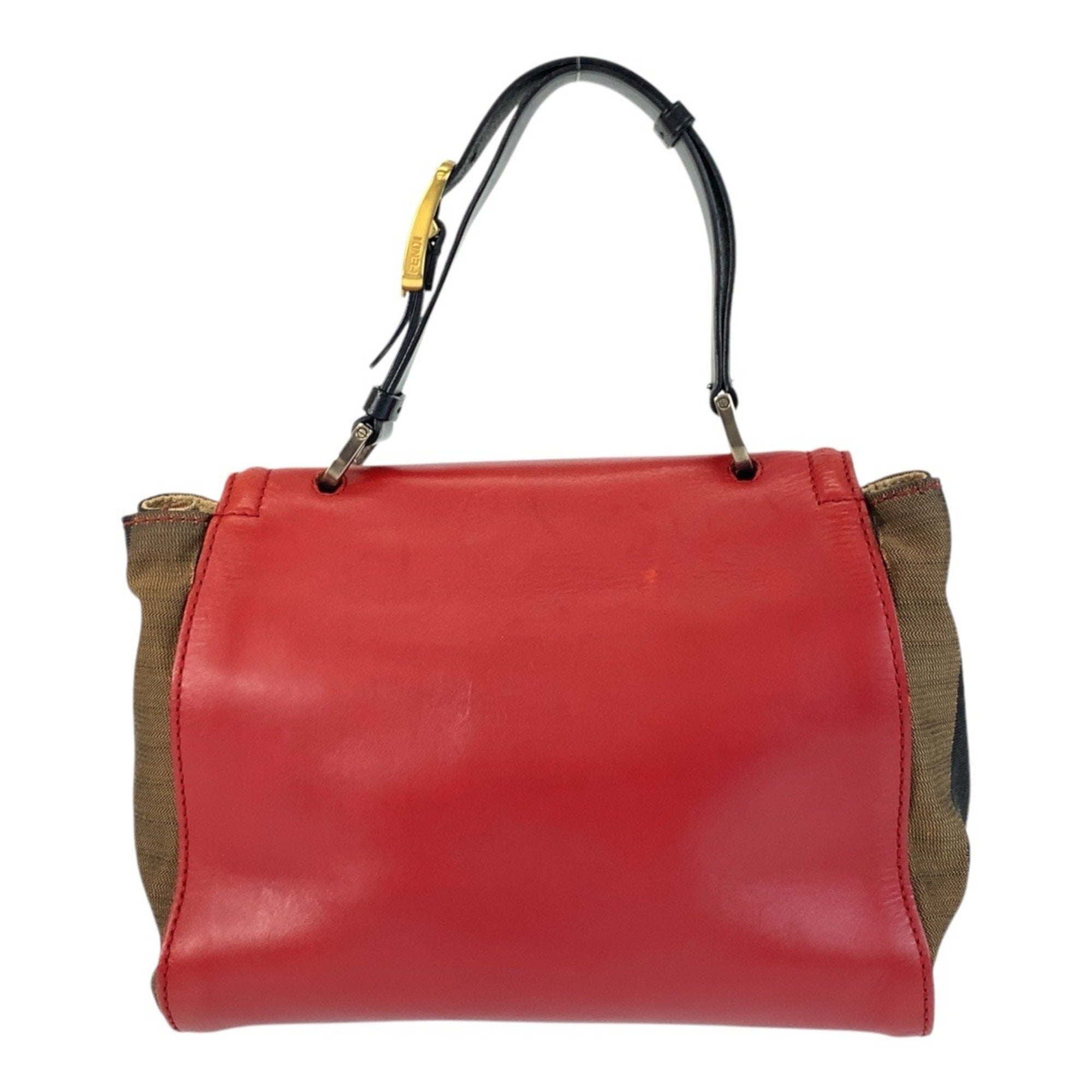 Fendi Brown Red Color Leather Canvas Handbag Shoulder Bag (Pre-Owned)