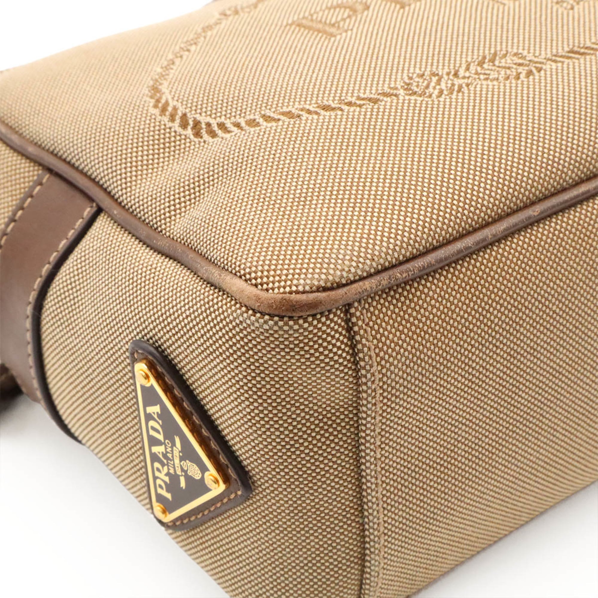 Prada Beige Brown Canvas Leather Pochette Shoulder Bag (Pre-Owned)