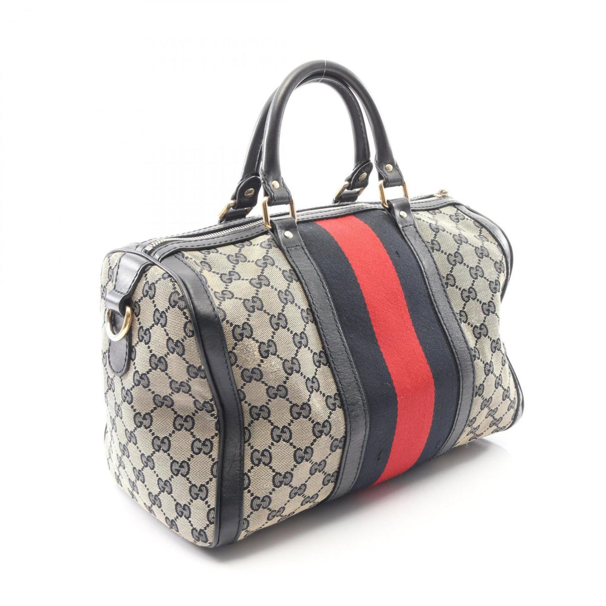 Gucci Beige Navy Red Color Canvas Leather Handbag (Pre-Owned)