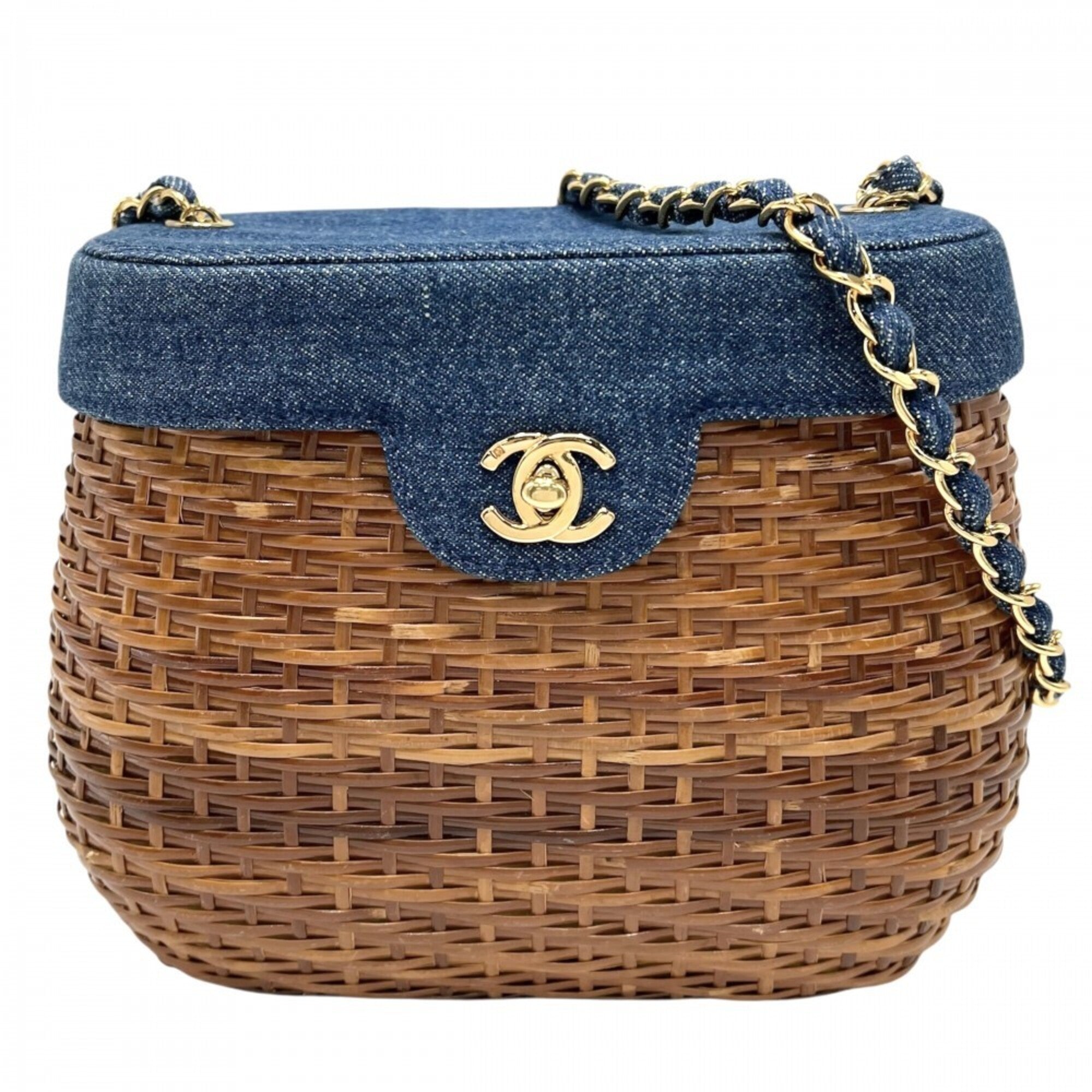 Chanel Blue Brown Straw Denim Shoulder Bag (Pre-Owned)
