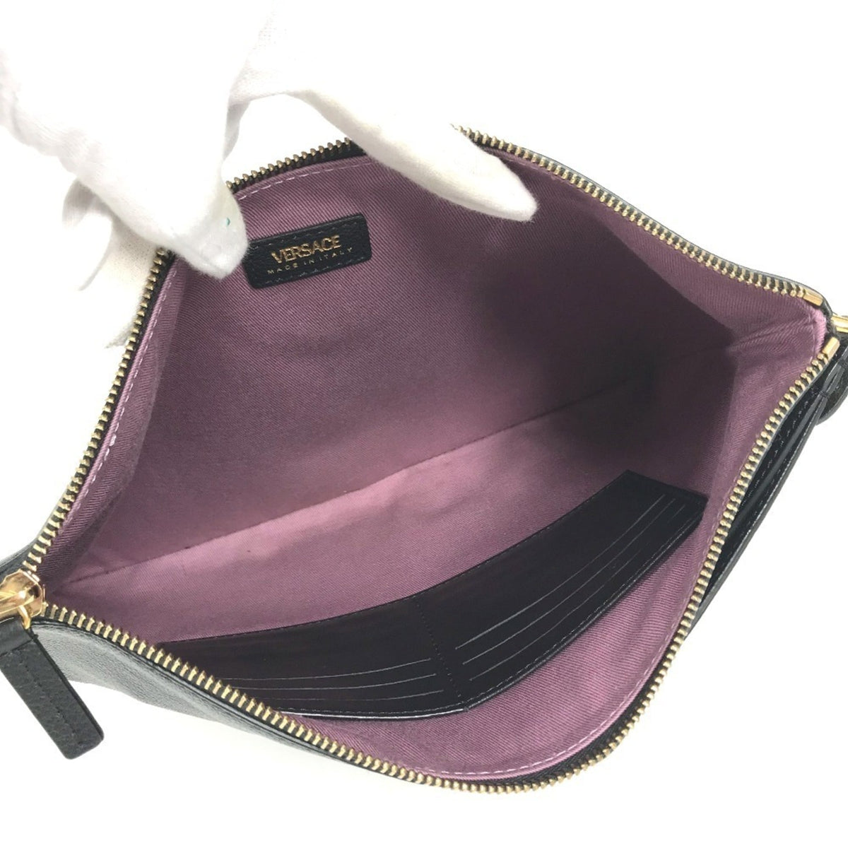 Versace Black Leather Clutch Bag Handbag (Pre-Owned)