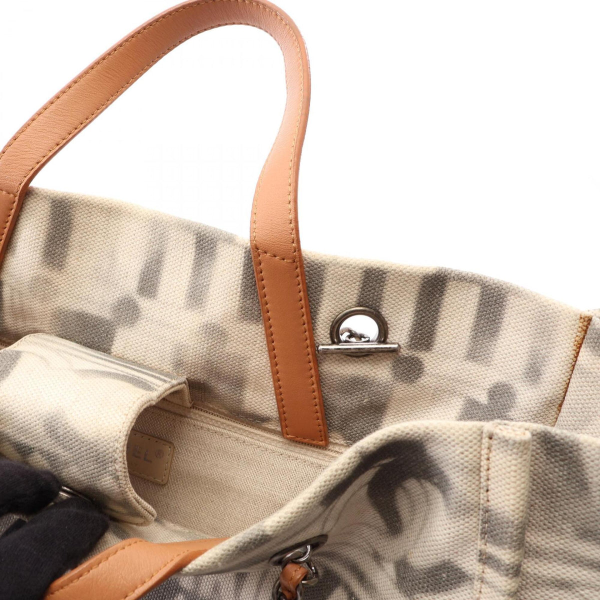 Chanel Brown White Canvas Leather Handbag Tote Bag (Pre-Owned)