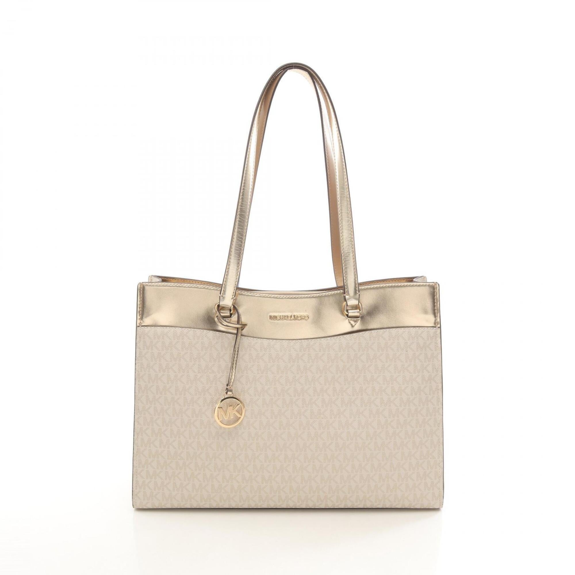 Michael Kors Gold Ivory Coated Canvas Pvc Leather Handbag Tote Bag Weekend Bag (Pre-Owned)