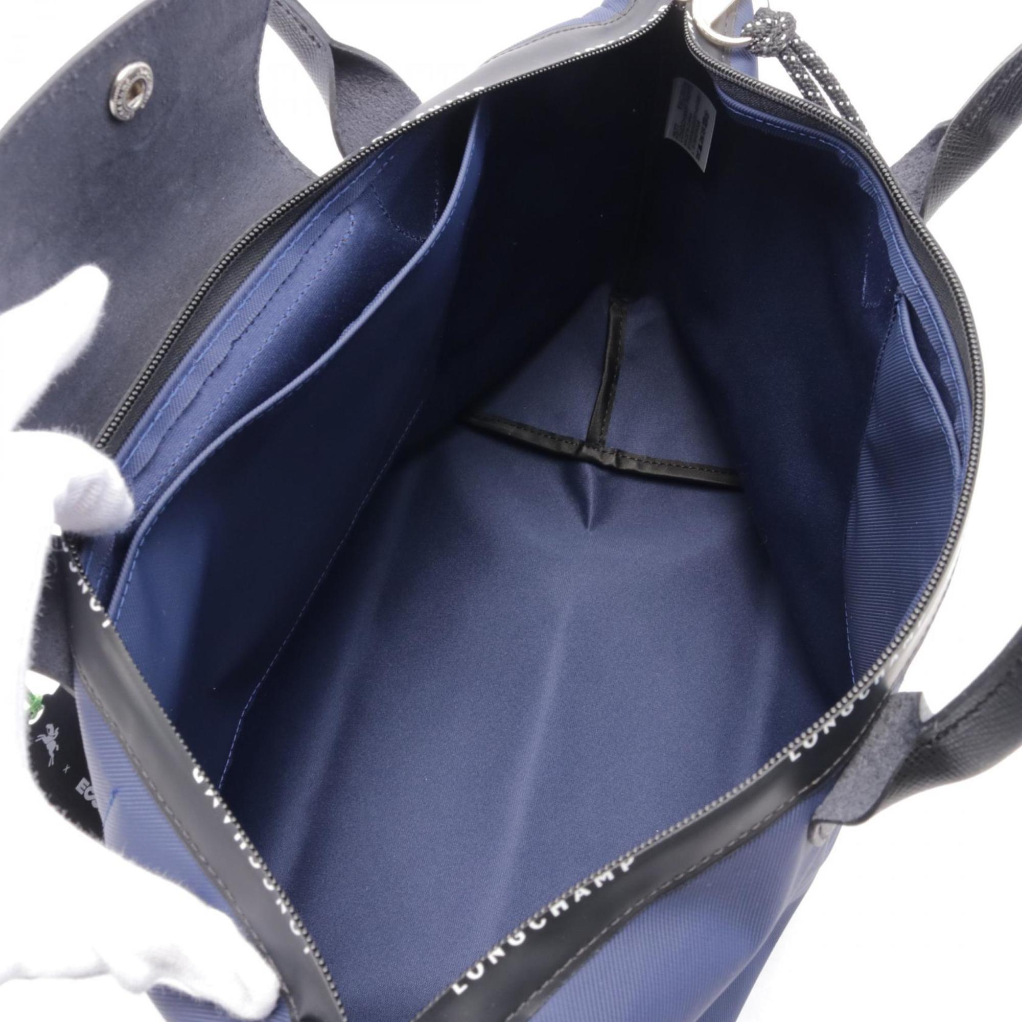Longchamp Black Navy Nylon Leather Tote Bag (Pre-Owned)