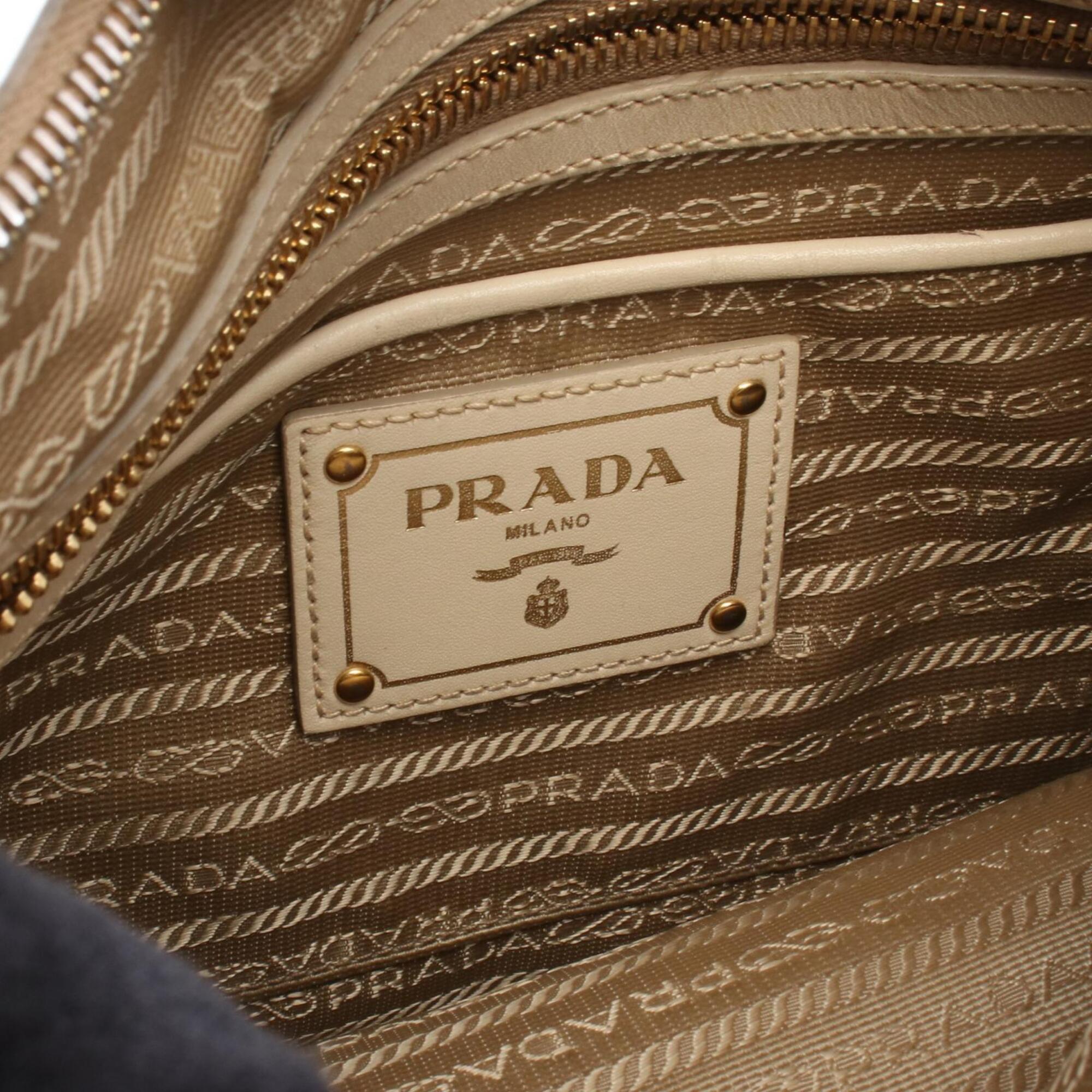 Prada Beige Ivory Canvas Leather Handbag Shoulder Bag (Pre-Owned)