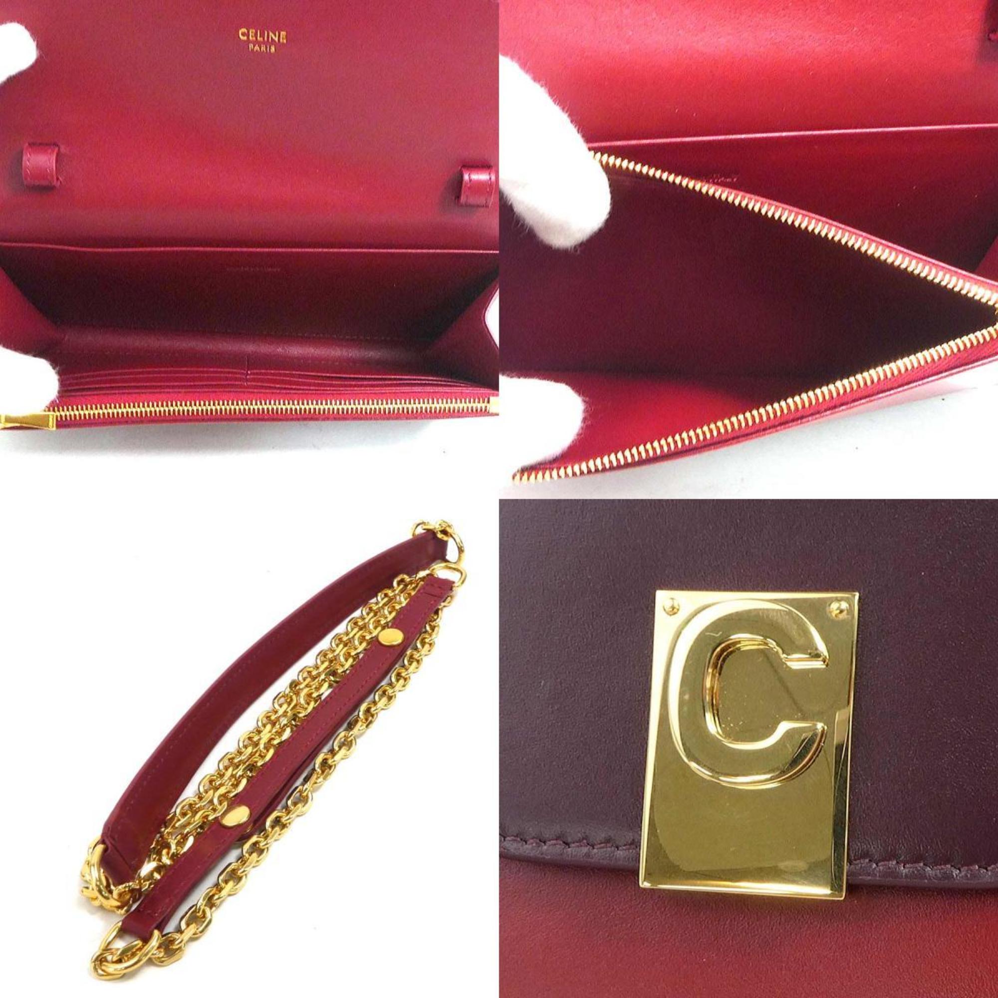 Celine Bordeaux Red Color Leather Chain/Shoulder Wallet (Pre-Owned)