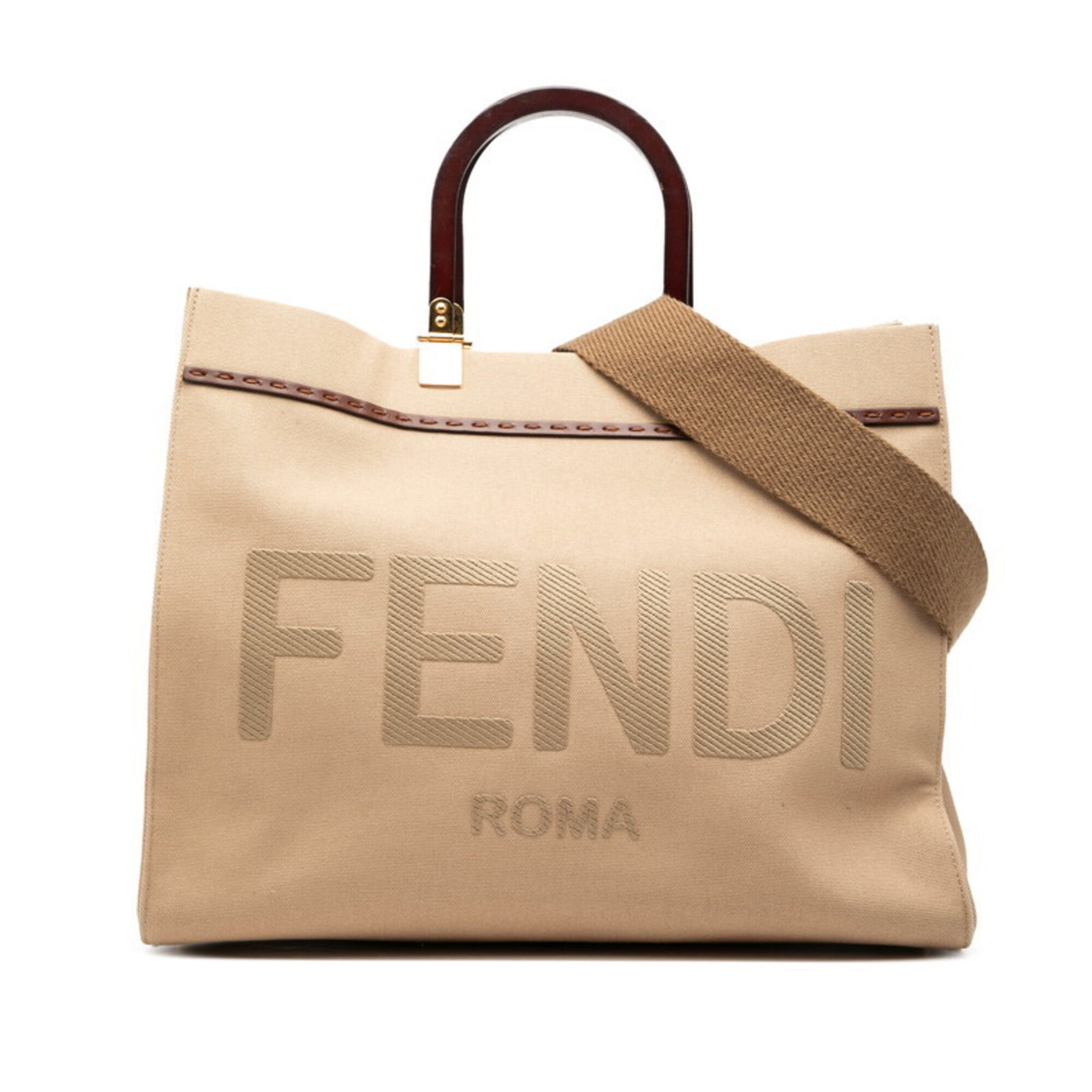 Fendi Beige Brown Canvas Leather Handbag Shoulder Bag Tote Bag (Pre-Owned)