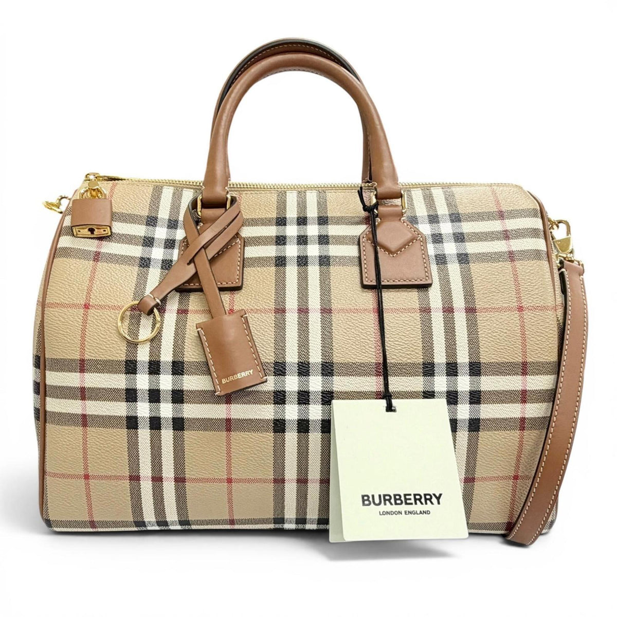 Burberry Beige Brown Leather Cotton Elastane Polyester Boston Bag Shoulder Bag (Pre-Owned)