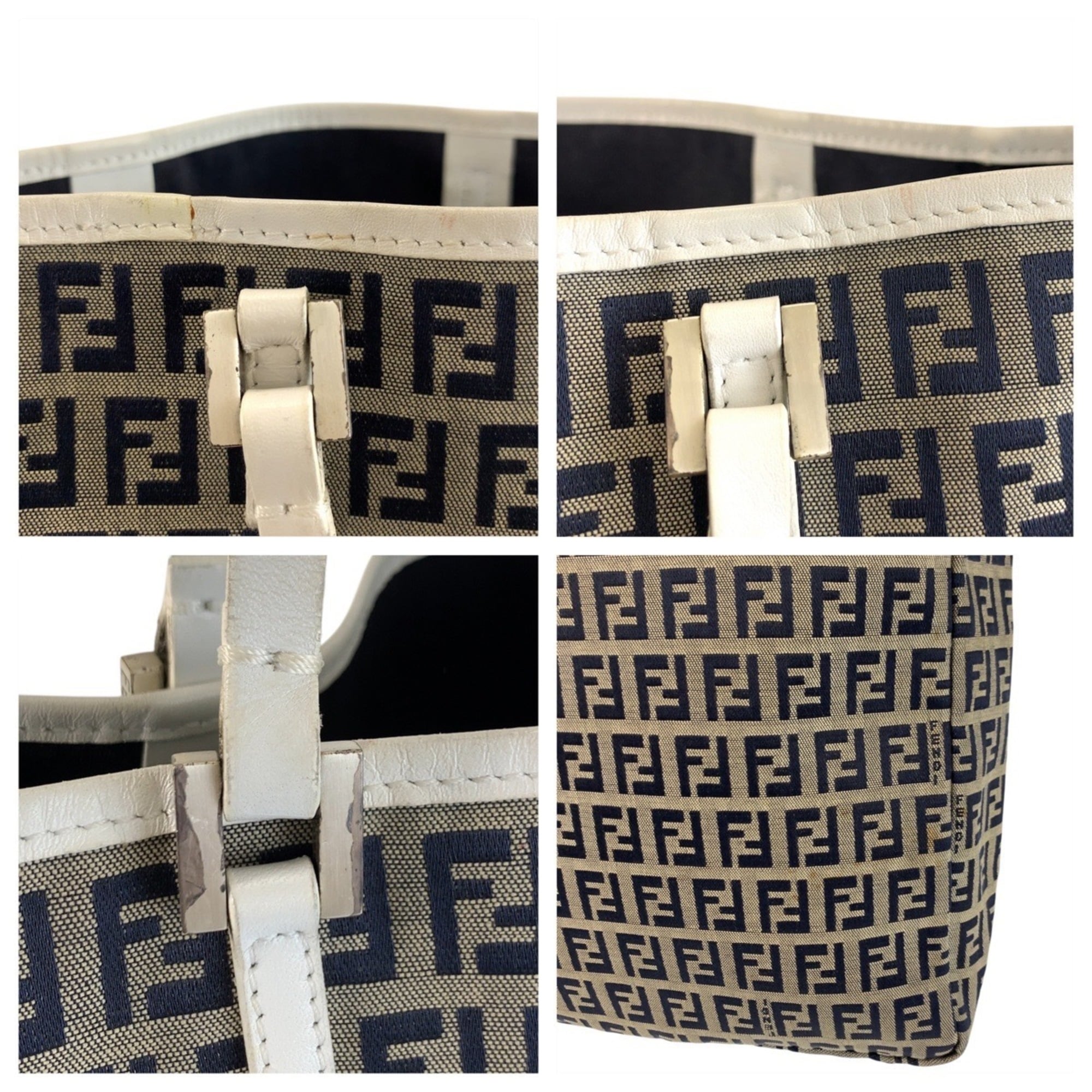 Fendi Gray White Canvas Leather Handbag Tote Bag (Pre-Owned)
