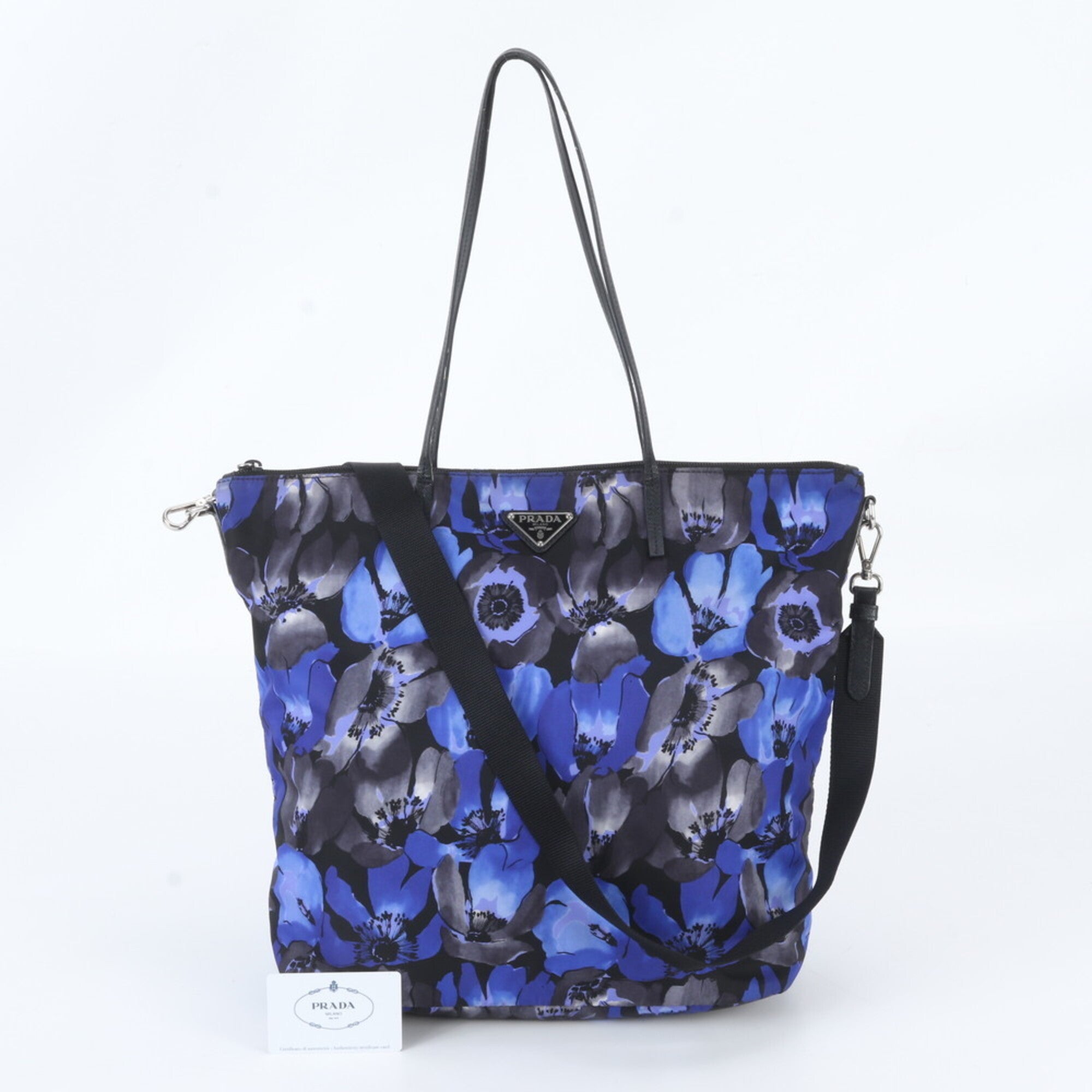 Prada Black Blue Nylon Leather Shoulder Bag Tote Bag (Pre-Owned)