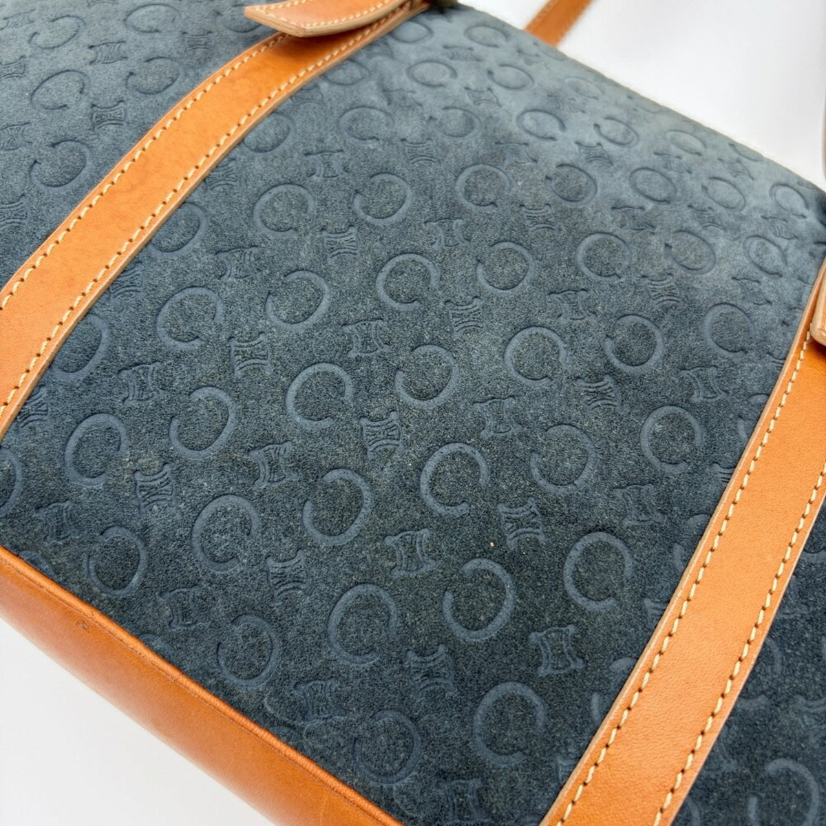 Celine Macadam Brown Navy Suede Leather Boston Bag (Pre-Owned)