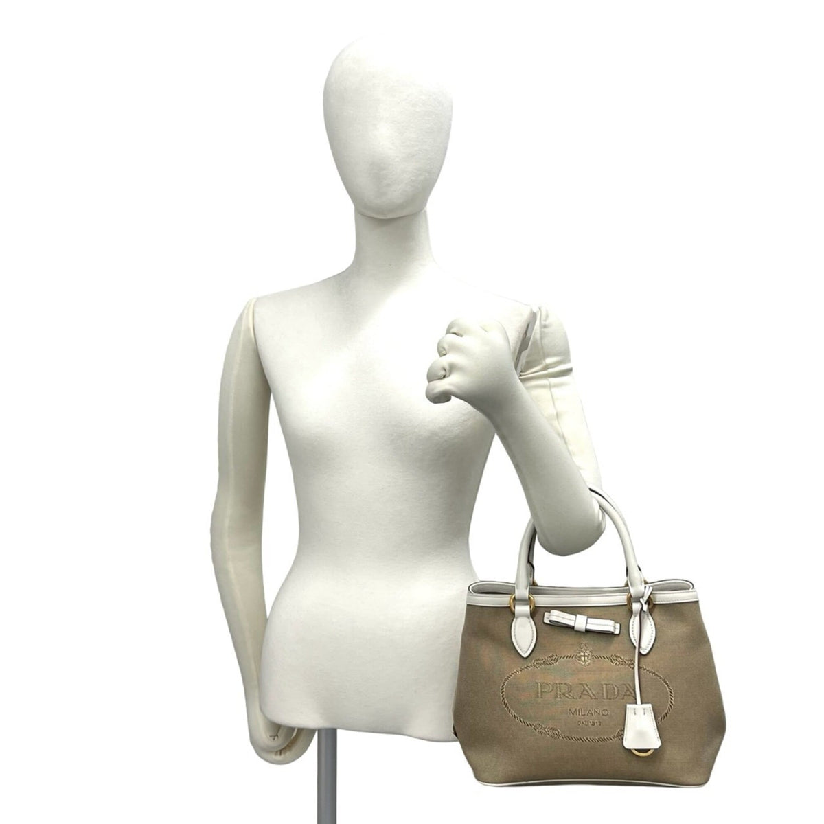 Prada Brown White Canvas Leather Boston Bag Handbag Tote Bag (Pre-Owned)