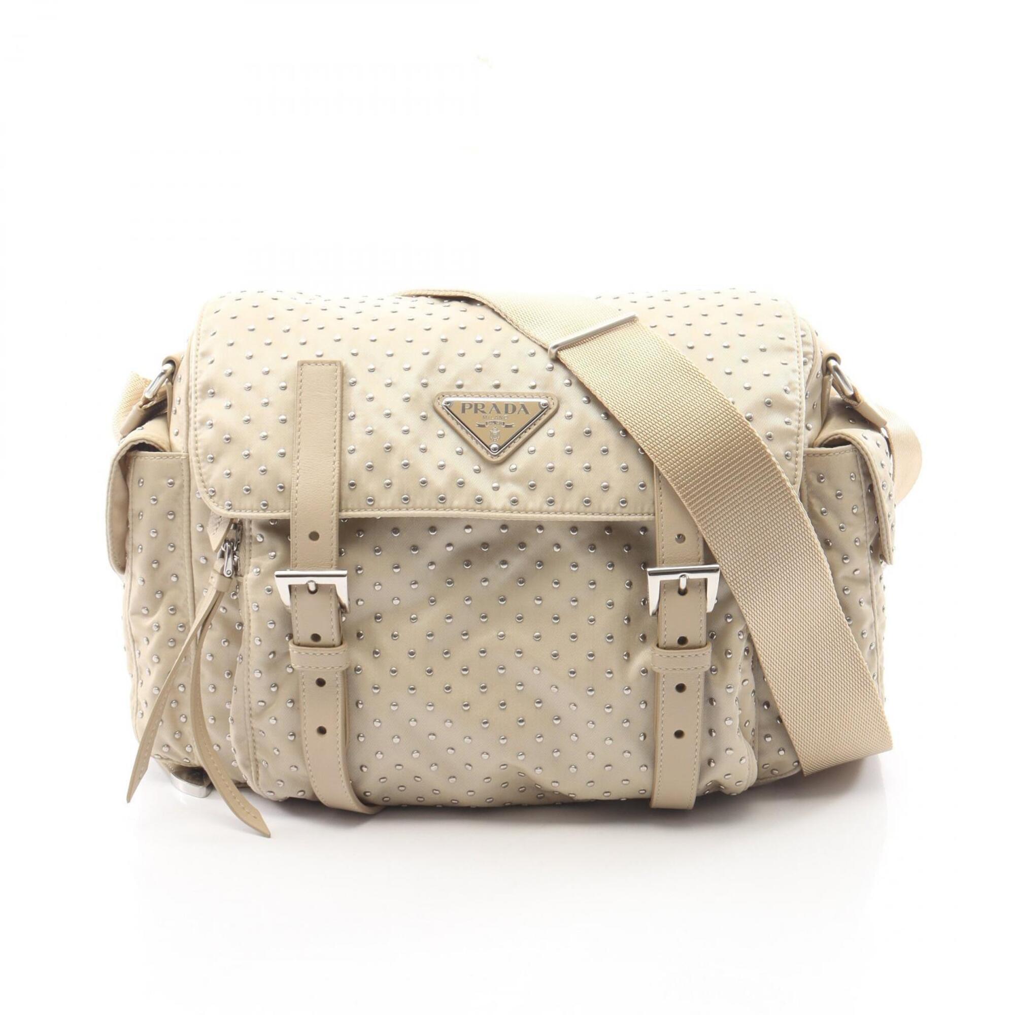 Prada Beige Nylon Leather Handbag Shoulder Bag (Pre-Owned)