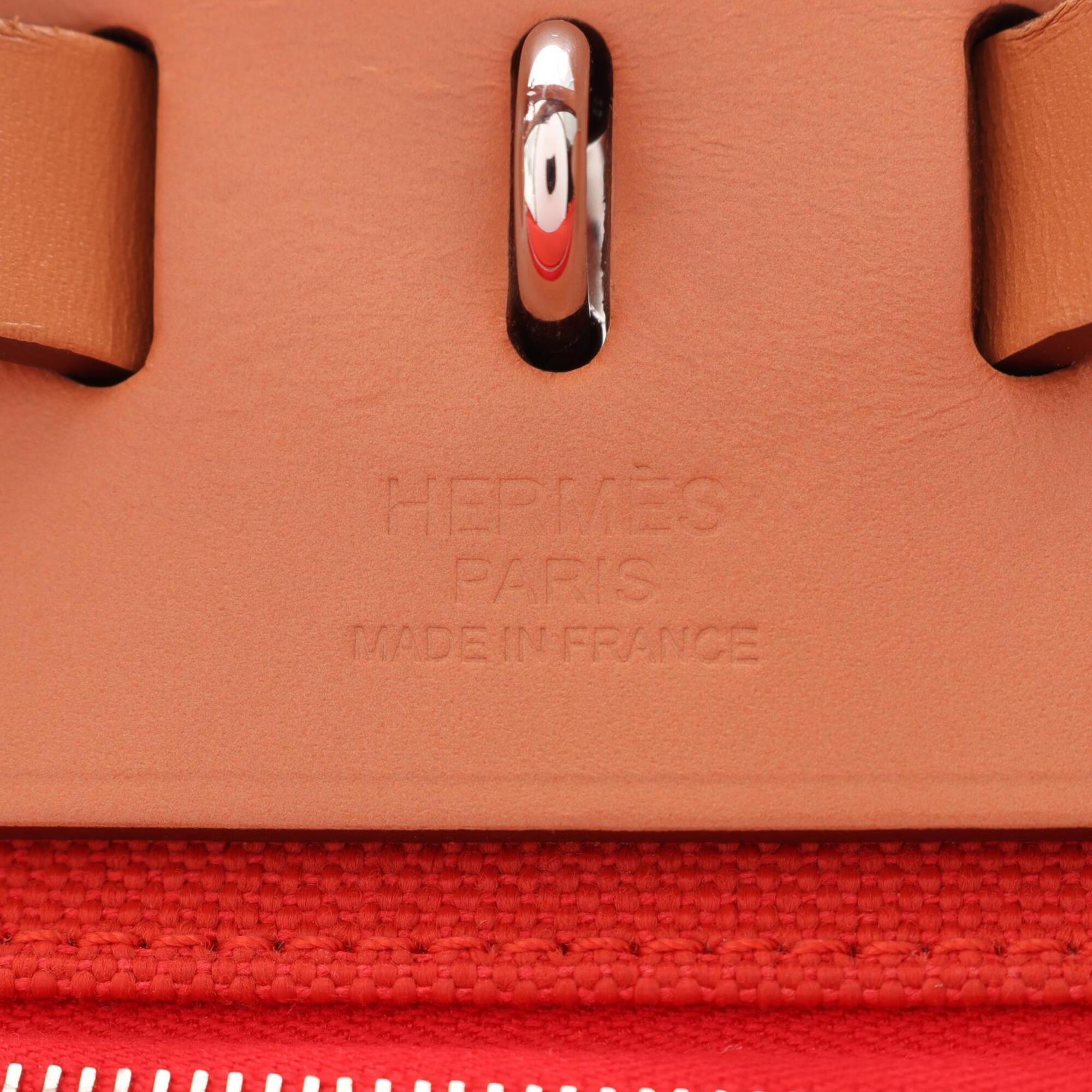 Hermes Brown Natural Red Color Canvas Leather Handbag (Pre-Owned)