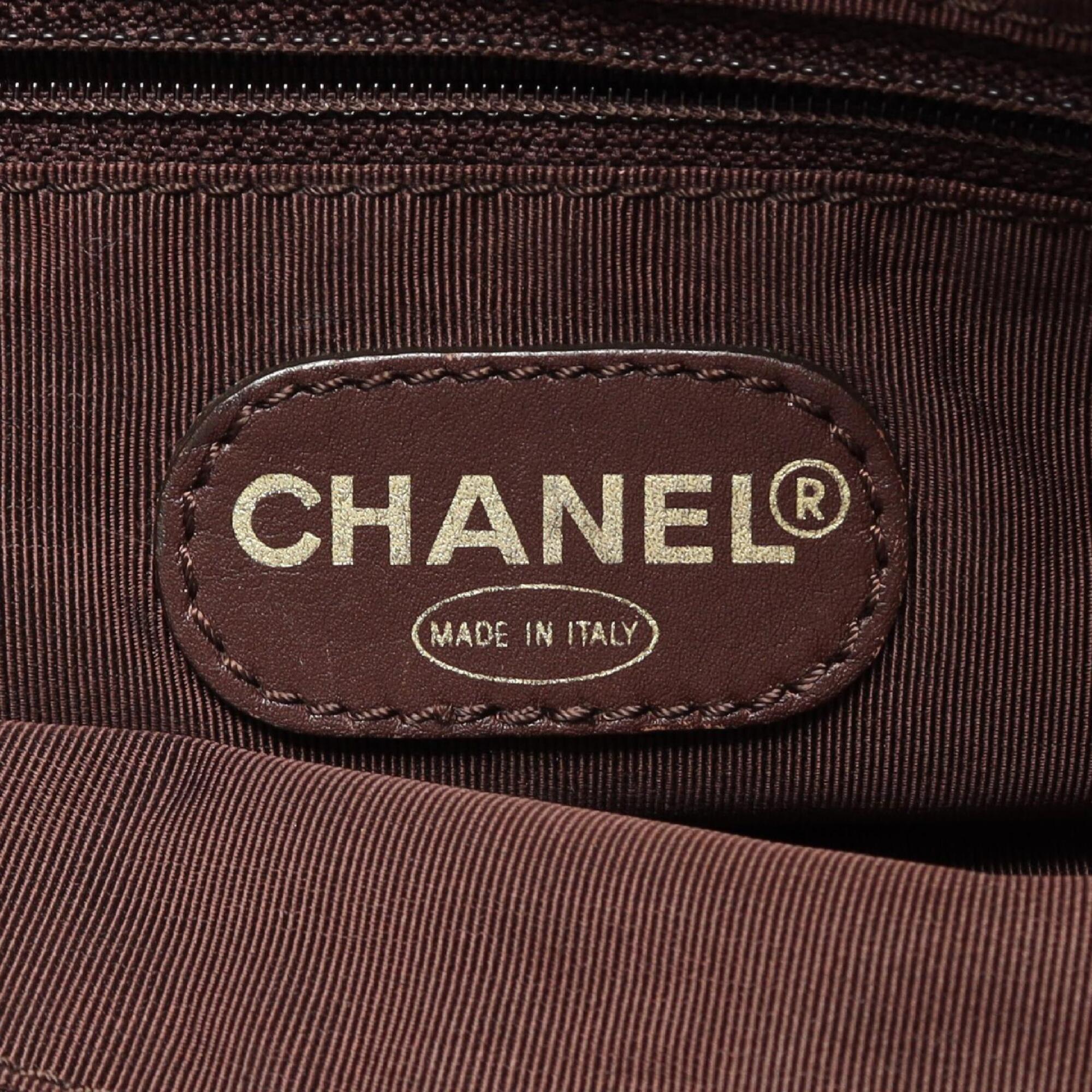 Chanel Brown Navy Denim Leather Handbag Tote Bag (Pre-Owned)