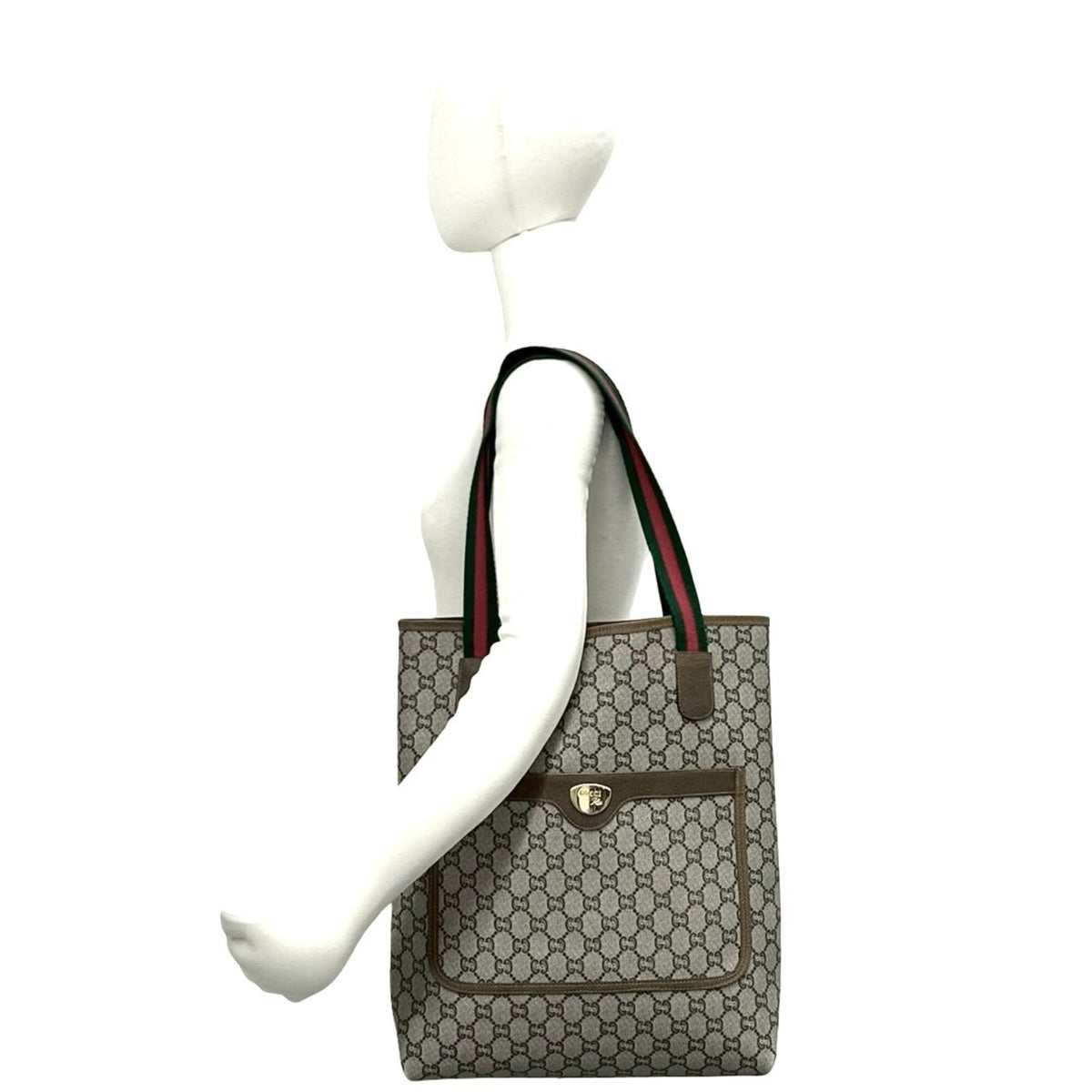 Gucci Brown Green Red Color Leather Pvc Tote Bag (Pre-Owned)